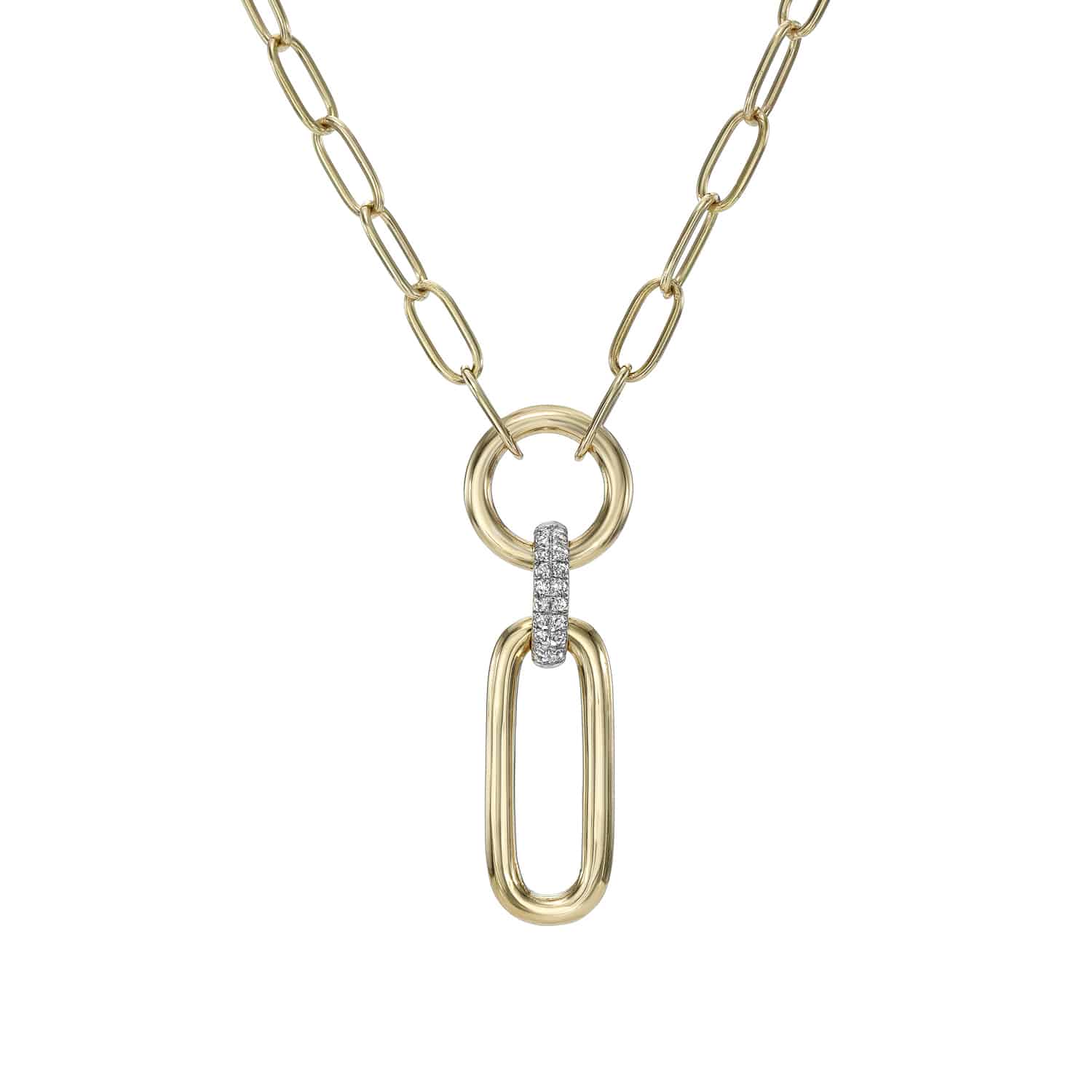 Explore the exquisite craftsmanship of the Paperclip Link Charm Holder Maia Necklace from janethellerfinejewelry. This necklace features interlocking links with a diamond-encrusted large oval and circular link centerpiece, radiating sophistication for true fine jewelry connoisseurs.