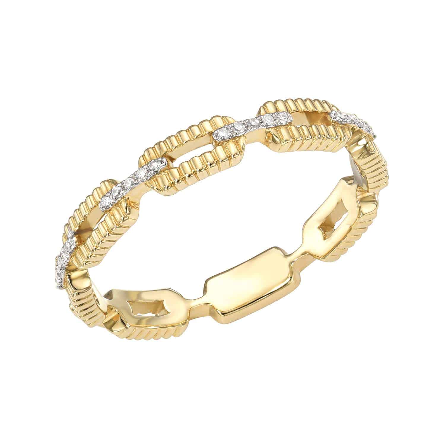 Explore the exquisite Two Tone Diamond Link Ring: a gold masterpiece featuring a textured geometric design with small white stones. The band showcases raised rectangles and detailed edges. Available for preorder now.