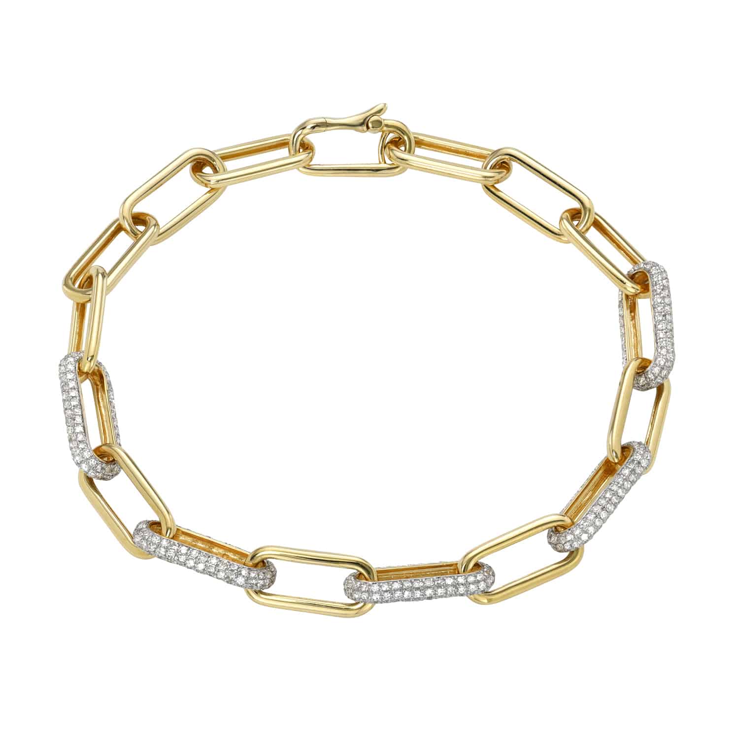 The Alternating Diamond Link Bracelet by Janet Heller Fine Jewelry features rectangular links, some adorned with small clear gemstones, forming a seamless circle. The bracelet lies flat, showcasing a delicate clasp on top, embodying timeless elegance and exquisite craftsmanship.