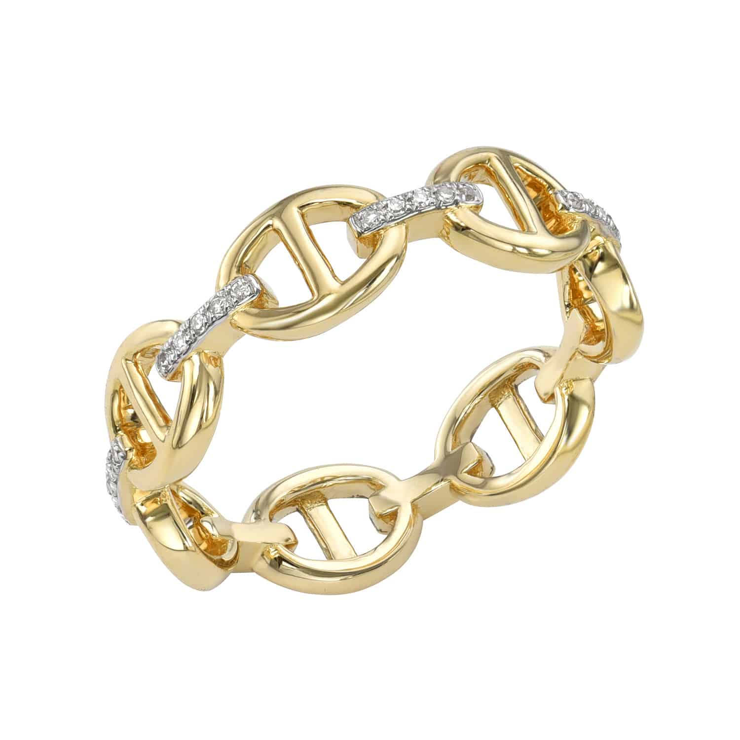 The Diamond Cleo Ring showcases elegant interlocking gold oval links, some adorned with sparkling diamonds. Its intricate design embodies fine jewelry. Preorder now to own this piece of luxury.