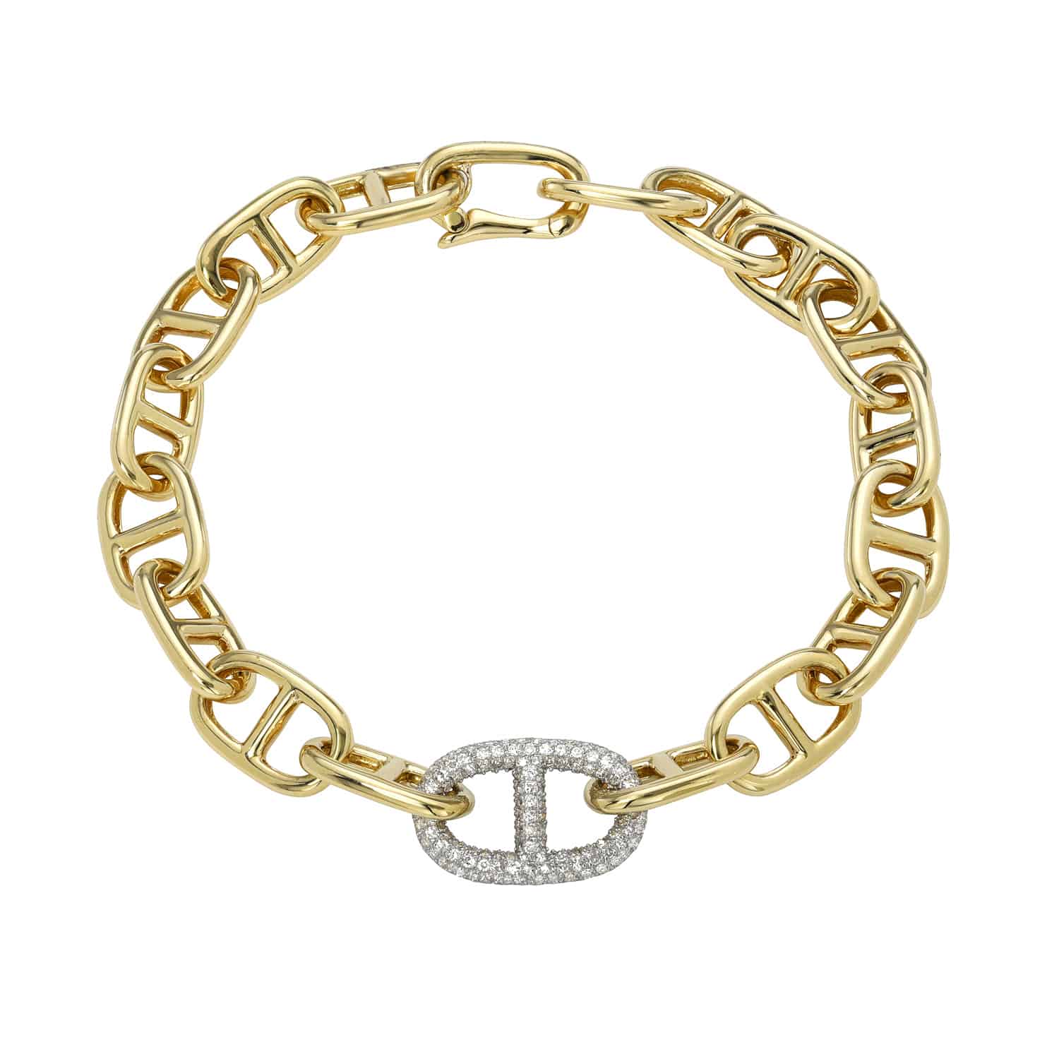 Introducing the Diamond Juliette Bracelet: a gold chain bracelet with large interlocking links and a diamond-encrusted clasp at its center, set against a white background. Explore customizations by JanetHellerFineJewelry.