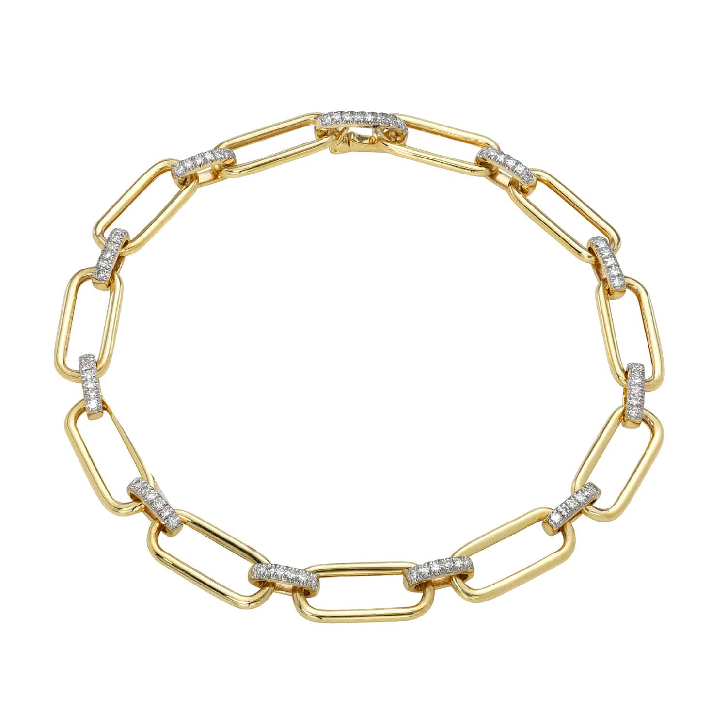The Diamond Oval Link Bracelet features an elegant gold chain with large links, each connected by diamond-encrusted sections. Its luxurious design and alternating gold and diamond accents can be personalized for an added touch of elegance.