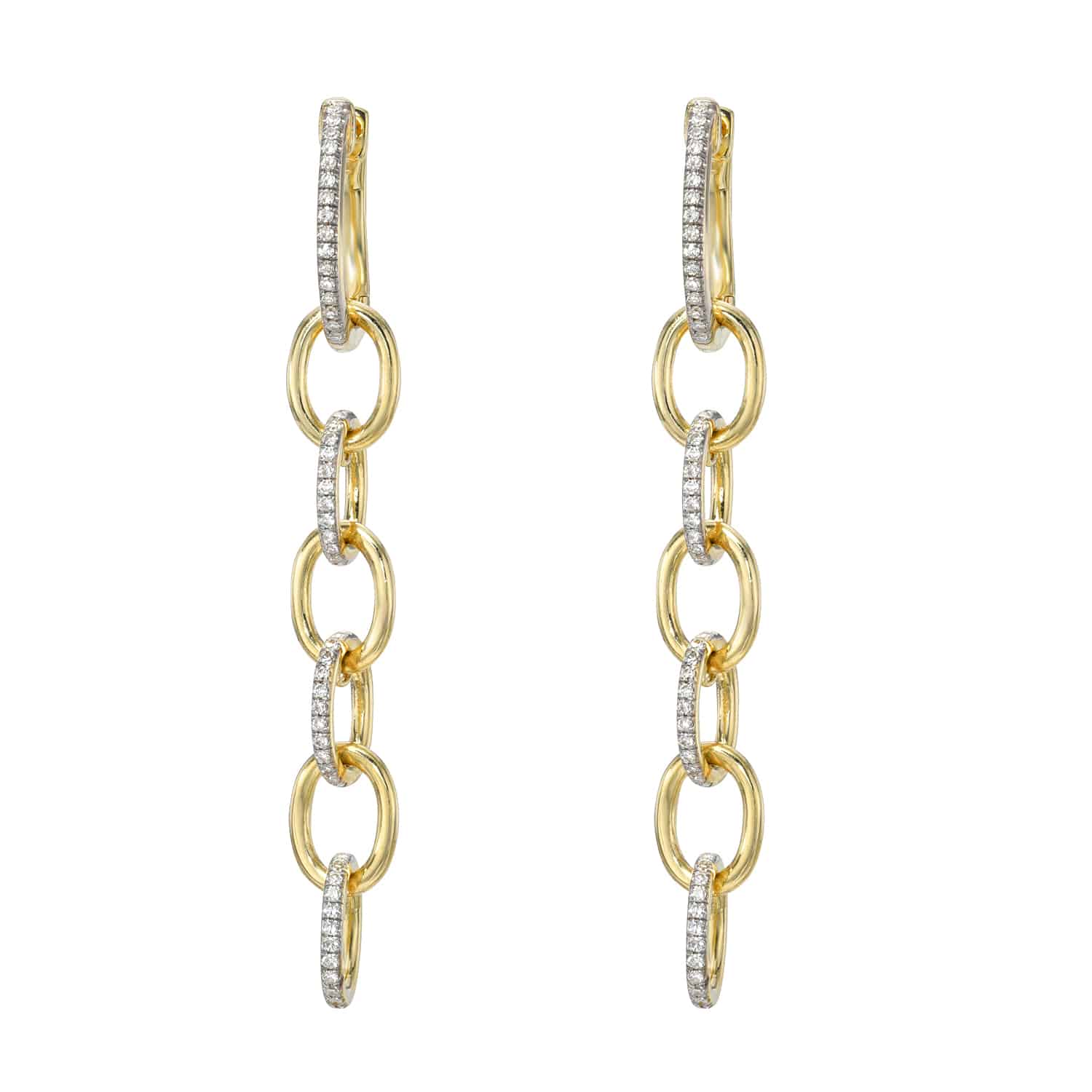 Experience the elegance of Janet Heller Fine Jewelrys Diamond Round Link Drop Earrings. These gold chain-link earrings feature alternating links with sparkling diamonds, casting a shimmering effect. Their graceful, long design adds a touch of sophistication to any ensemble.