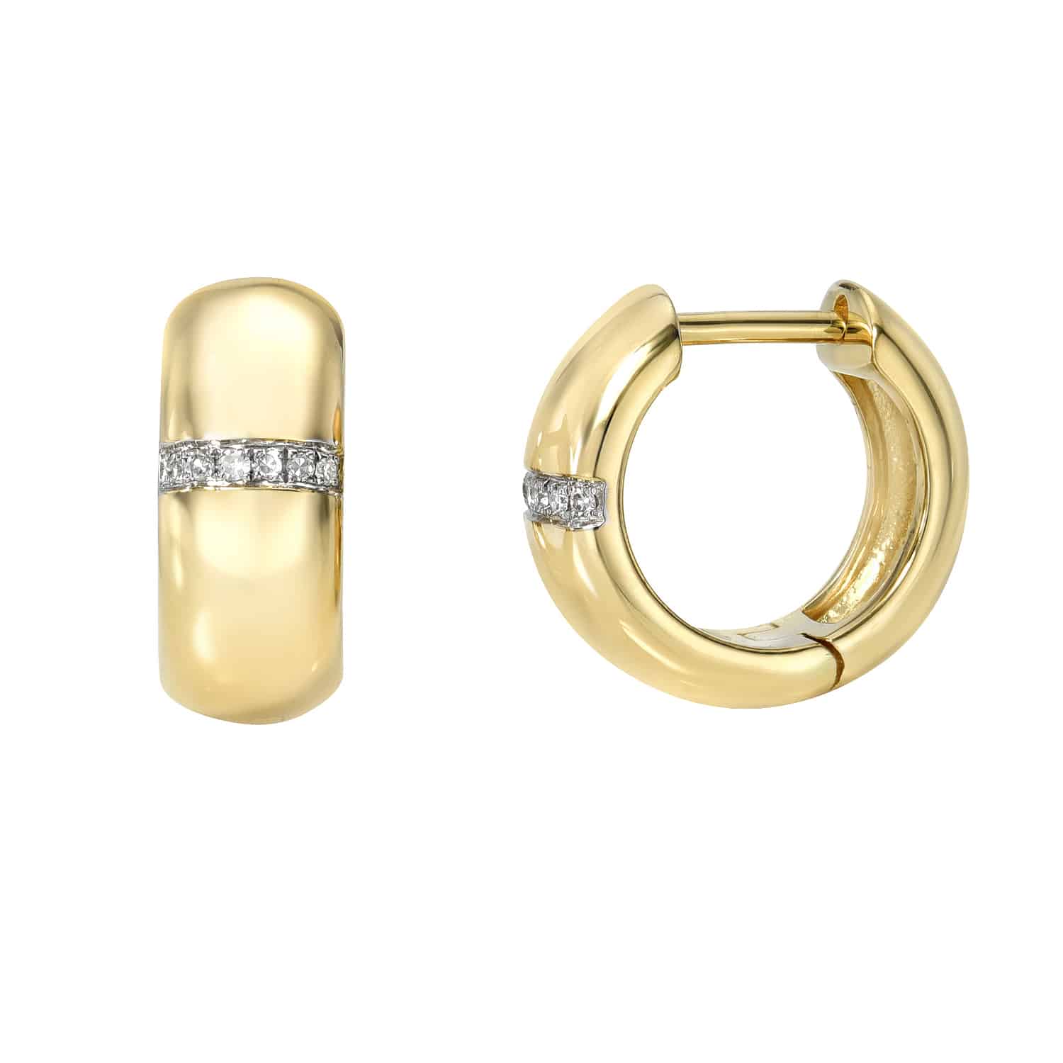The Horizontal Diamond Bar Huggies from Janet Heller Fine Jewelry are crafted in 14KT gold and feature a row of diamonds on a rounded earring. The huggies consist of 12 diamonds and can be worn alone or layered along with ear with other earrings.