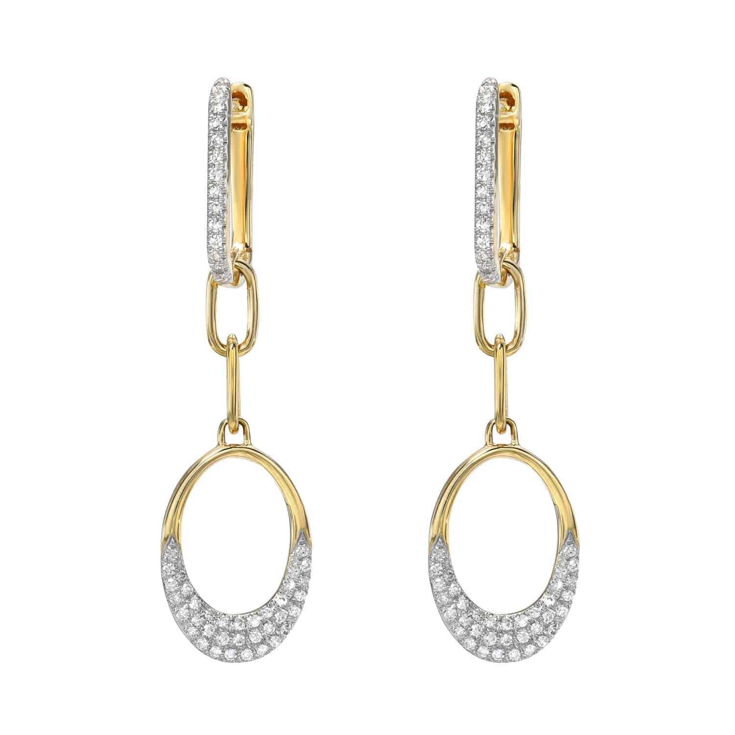 The Mixed Shape Diamond Link Earrings feature gold hoops with oval pendants. Each pendant is elegantly adorned with small white stones on the lower half and linked by a chain to a stone-studded clasp, offering timeless charm and personalization options to match your style.