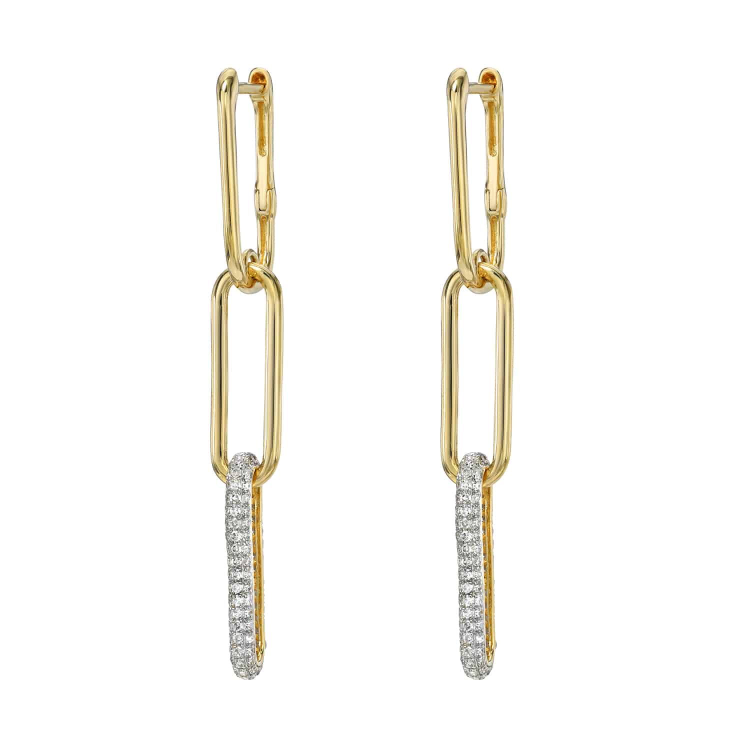 The Paperclip Link Diamond Drop Earrings by Janet Heller Fine Jewelry feature an elongated design with two gold rectangular links and a third link adorned with crystals, offering a modern, elegant look. They are perfect as is or customizable to add your personal touch.