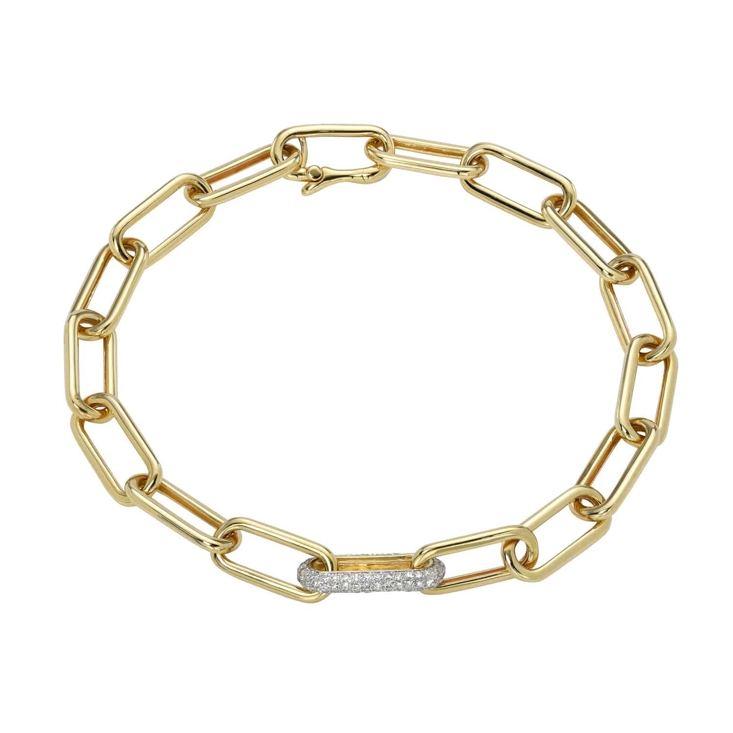 The Single Diamond Chain Link Bracelet from janethellerfinejewelry showcases elongated gold links with one diamond-encrusted link, adding elegance and contrast. This exquisite piece can also be customized to suit your unique style.
