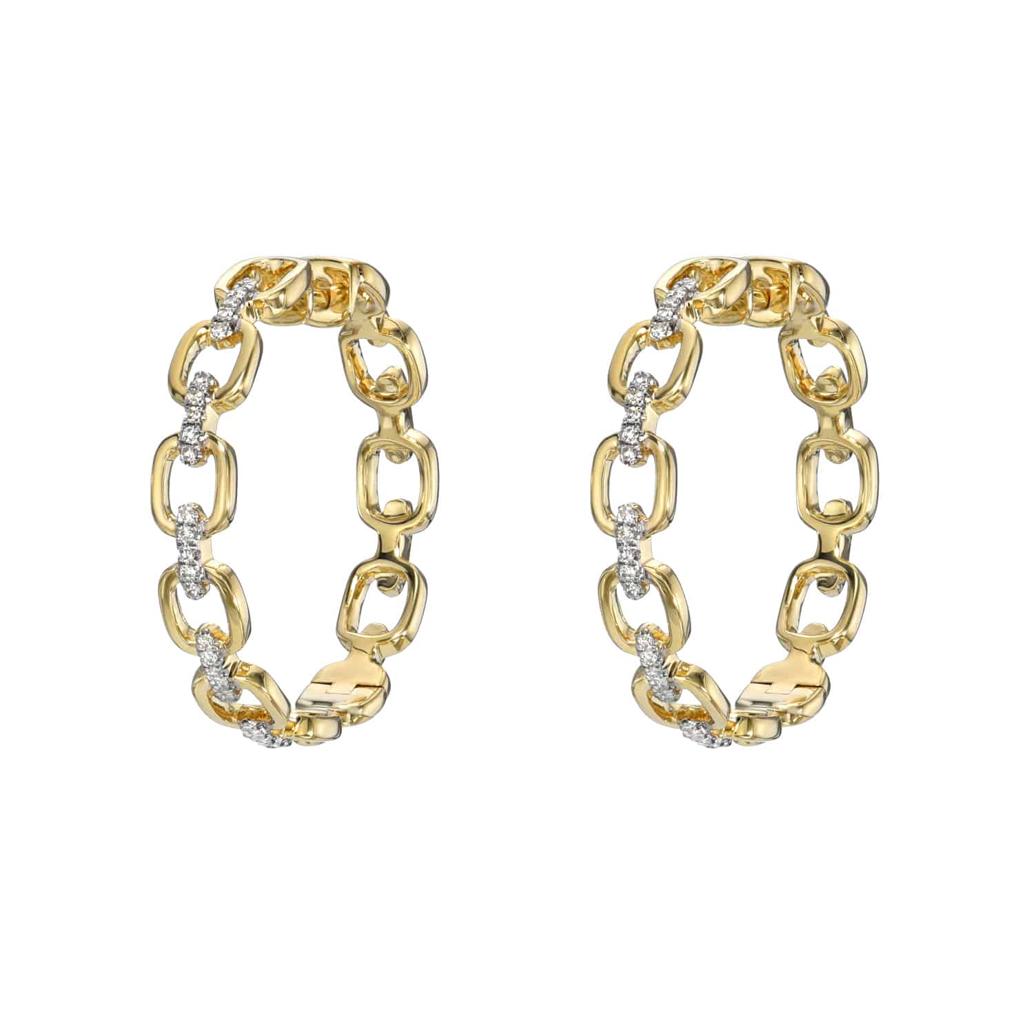 Introducing the Square Link Diamond Hoops: gold hoop earrings with an interlocking chain design and diamond-accented segments. Their polished finish ensures an elegant shine. For customizations or inquiries, visit janethellerfinejewelry for personalized options.