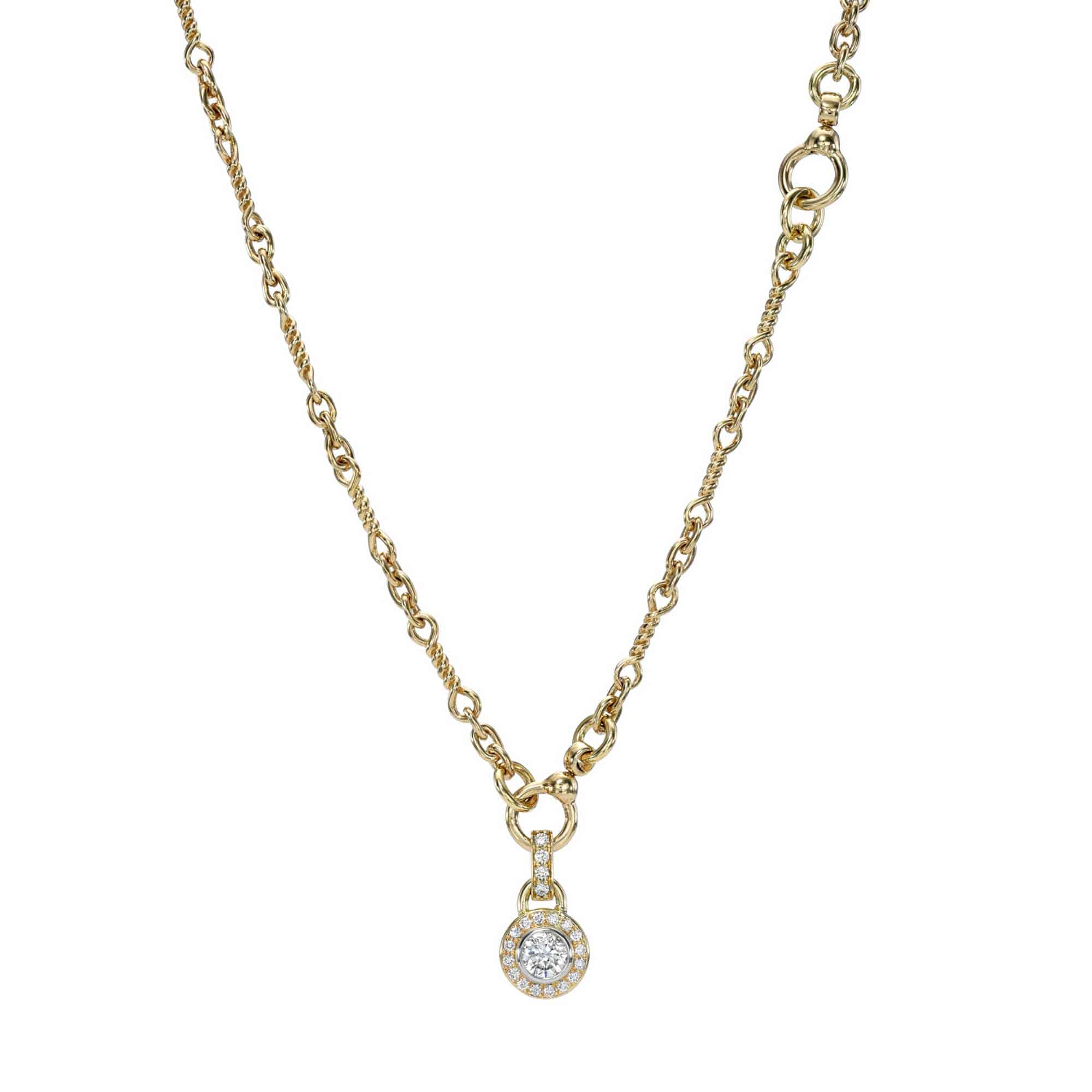 Discover the elegance of the Diamond Alexander Necklace by Janet Heller Fine Jewelry. This gold piece features a twisted chain and a round diamond pendant surrounded by smaller gems, seamlessly connected with a circular link. Customizations available for personalization.