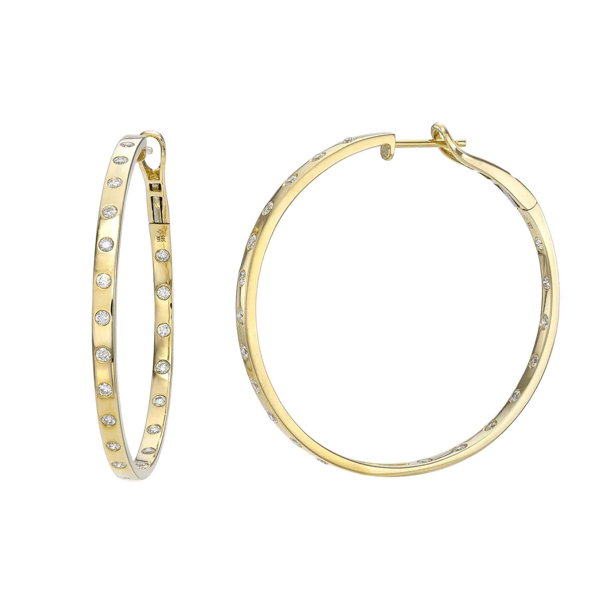 These Diamond Avery Hoops from Janet Heller Fine Jewelry feature evenly spaced gemstones on the gold hoops. For inquiries or customizations, one earring is shown from the side while the other presents a full, front-facing view.