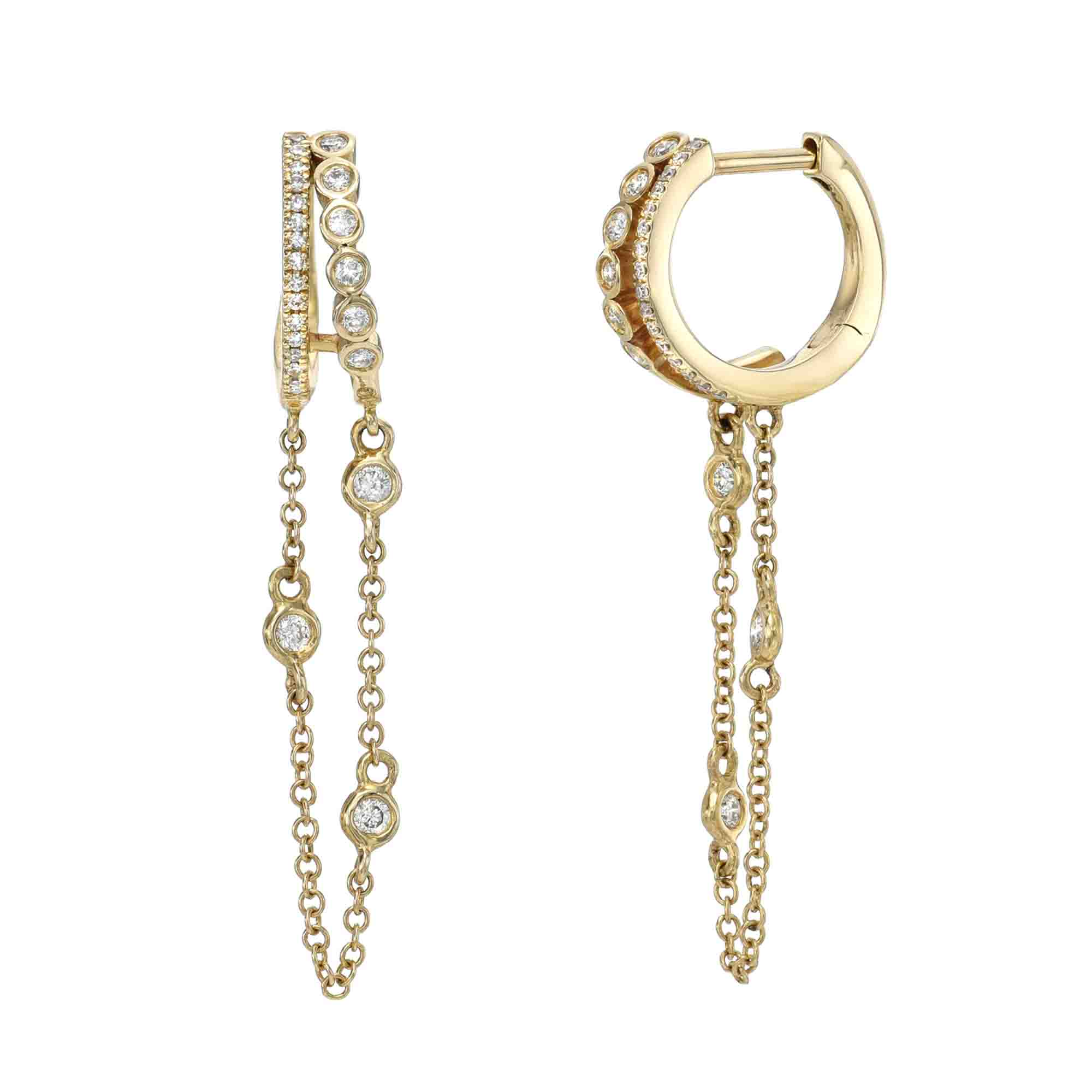 Experience the elegance of Diamond Chain Drop Bailey Earrings, gold hoops featuring dangling chains with small round white gems. Add sophistication to any outfit. Available at janethellerfinejewelry, where customizations make each piece truly reflect you.