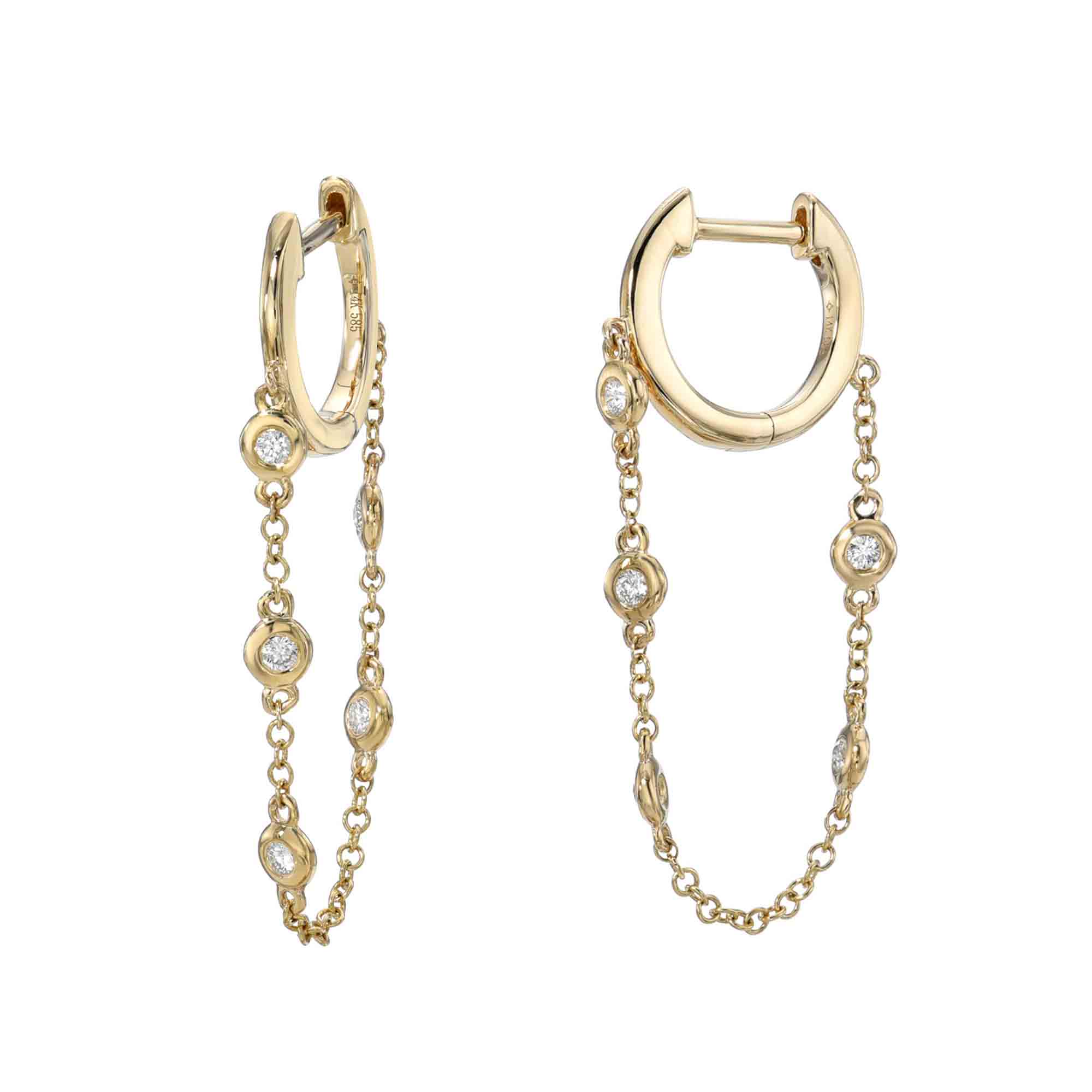 The Diamond Chain Quinn Earrings are stunning gold hoops with custom chain link dangles adorned with small, round diamonds. The elegant chains connect to the hoops, offering a modern design with sparkling accents.