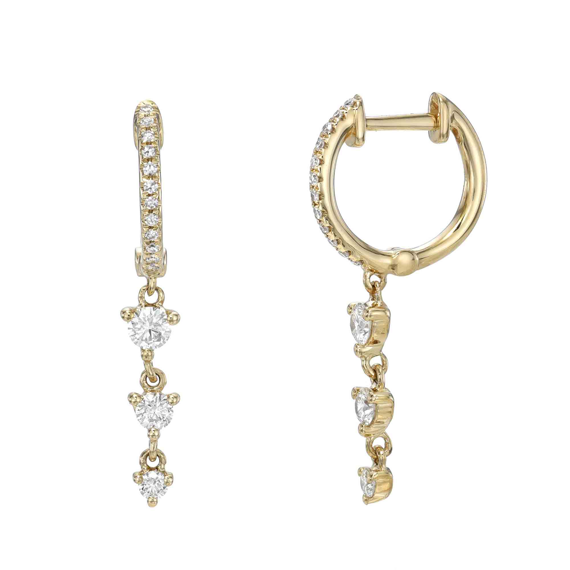 The Diamond Dangle Nova Earrings from the Janet Heller fine jewelry collection are gold hoops with latch back closures. Each earring features three heart-shaped clear gemstones that decrease in size and is adorned with small clear gemstones.