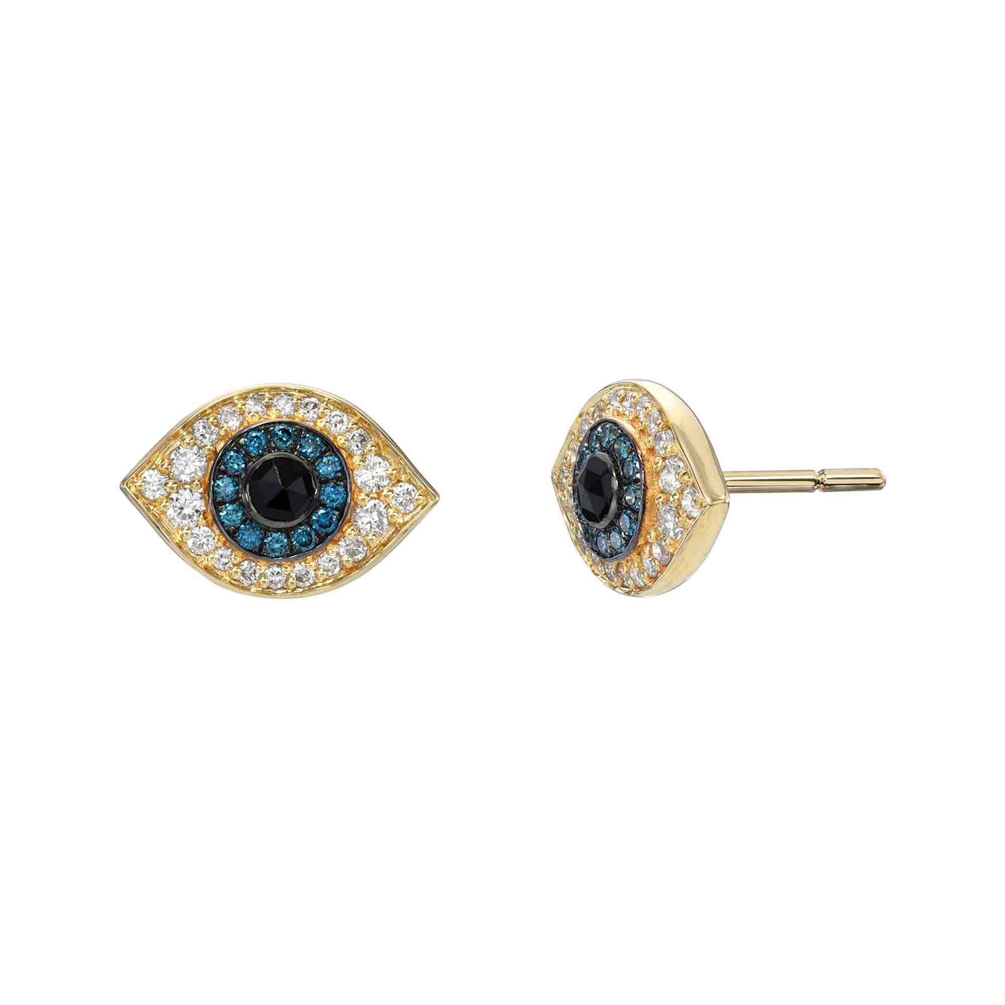 Explore the exquisite Diamond Evil Eye Studs from Janet Heller Fine Jewelry. Their radiant gold setting features a central black gem surrounded by blue and white stones, with one earring showing a forward design and the side view revealing an elegant post—true artistry.