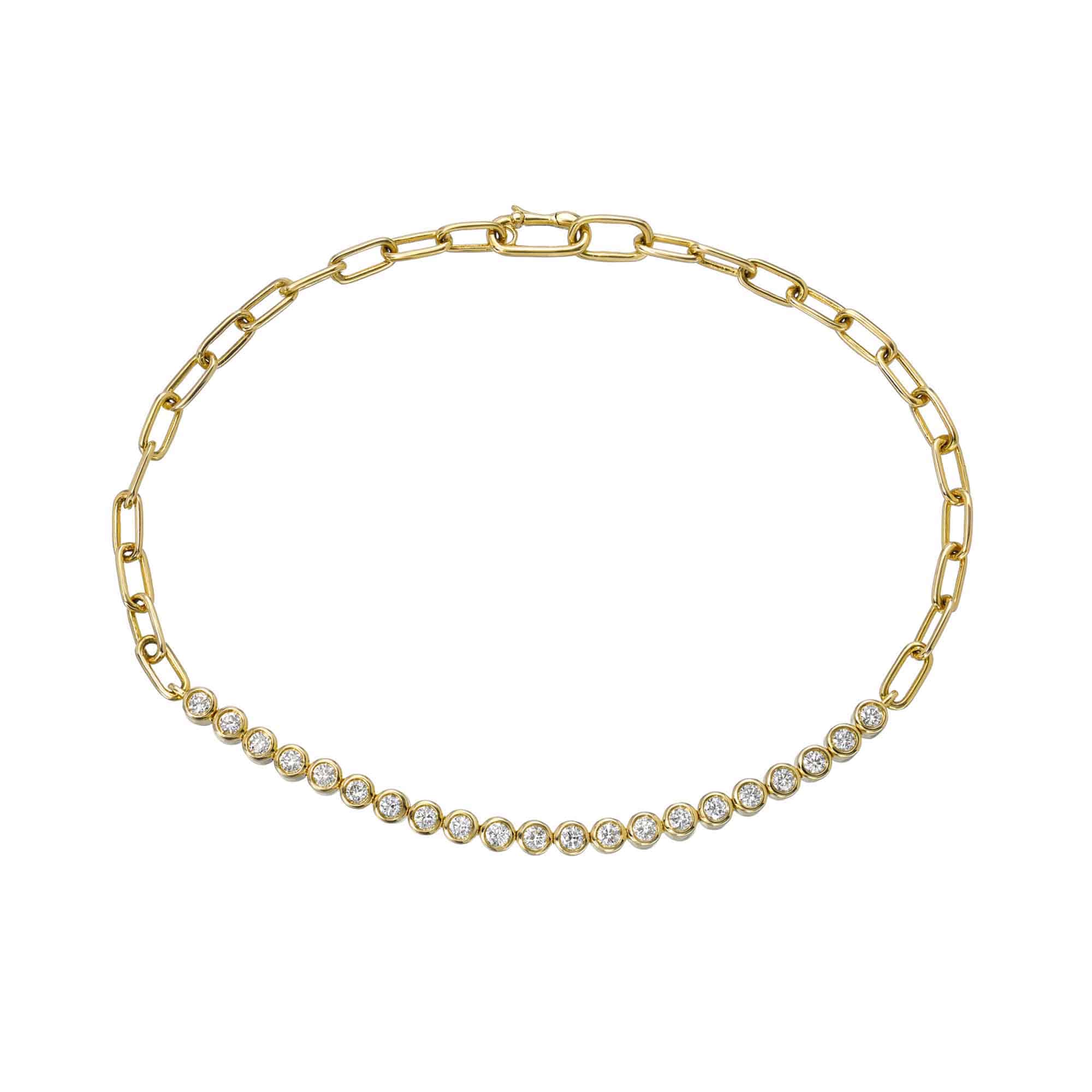 The Diamond Poppy Bracelet from Janet Heller Fine Jewelry features 21 round diamonds on a link chain.  The bracelet can be worn alone or stacked with other bracelets.