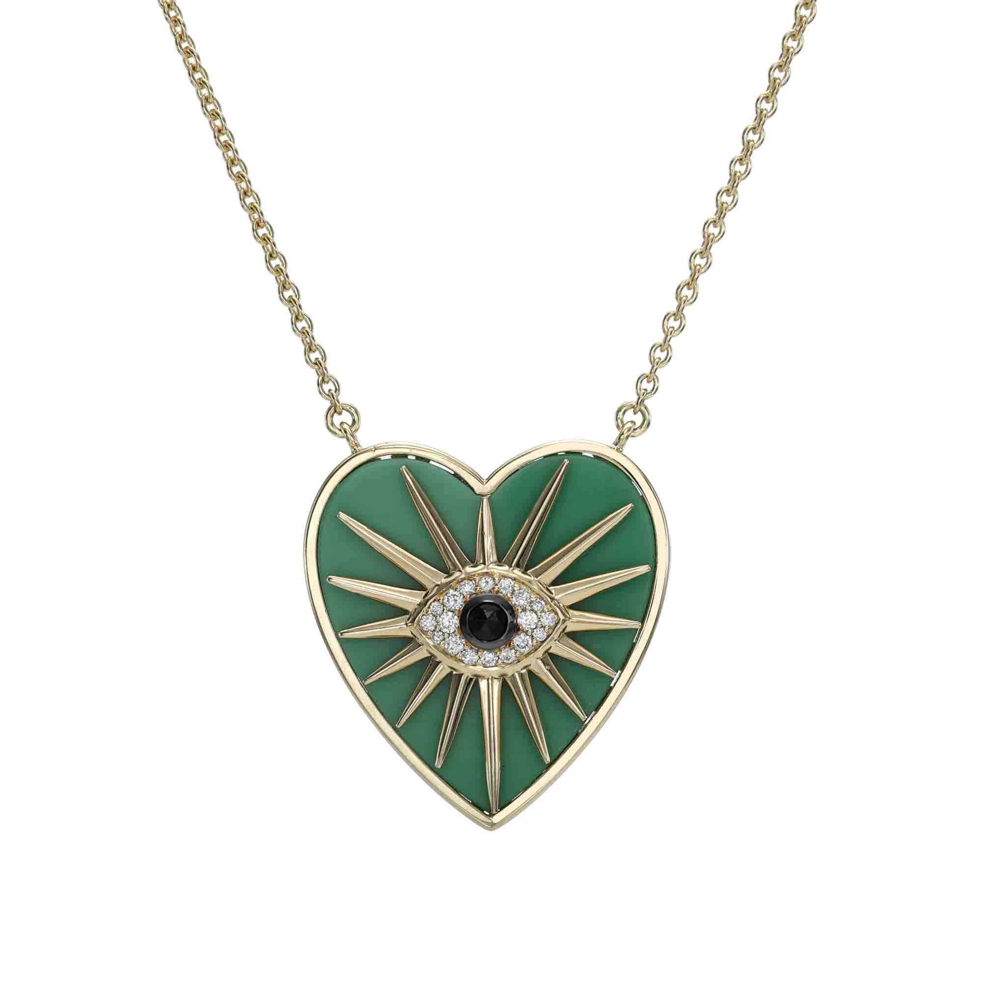 Explore the Green Chrysoprase Heart Burst Necklace by janethellerfinejewelry featuring a heart-shaped green pendant with an eye design. Its black center is surrounded by clear stones and radiant gold rays, with personalization options to match your style.