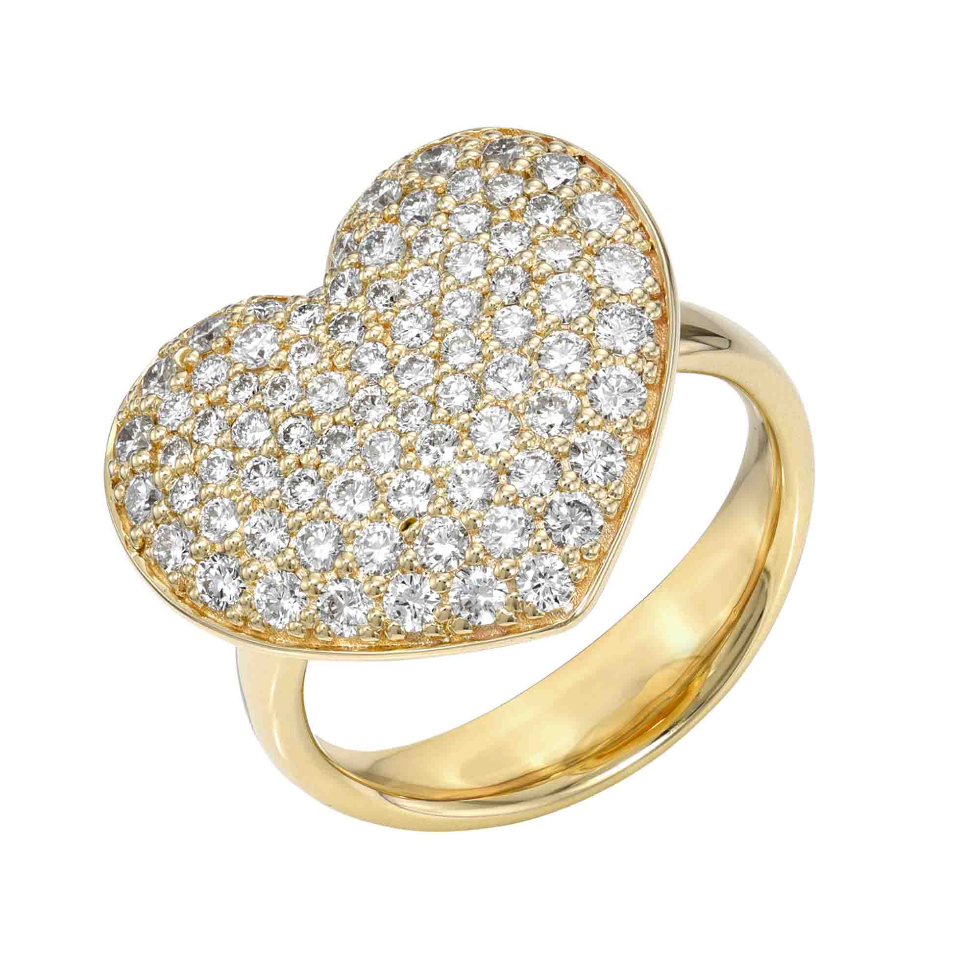 The Jumbo Diamond Heart Ring from Janet Heller Fine Jewelry is crafted in 14KT gold. The band features a large, gold encrusted heart. The ring can be worn alone or along side other rings.