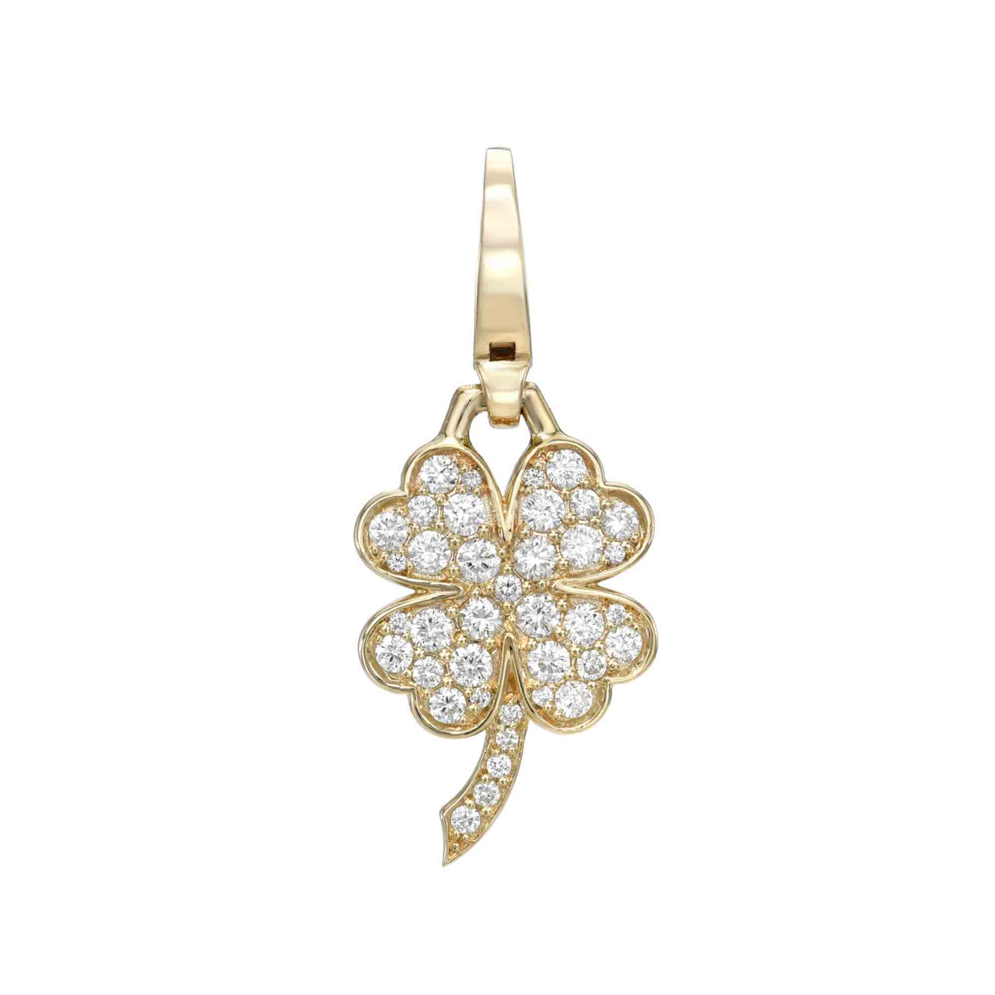 The Large Diamond Clover Charm is a gold four-leaf clover pendant with small diamonds and a curved stem. It hangs elegantly from a simple gold bail, perfect for adding exquisite beauty to any necklace.