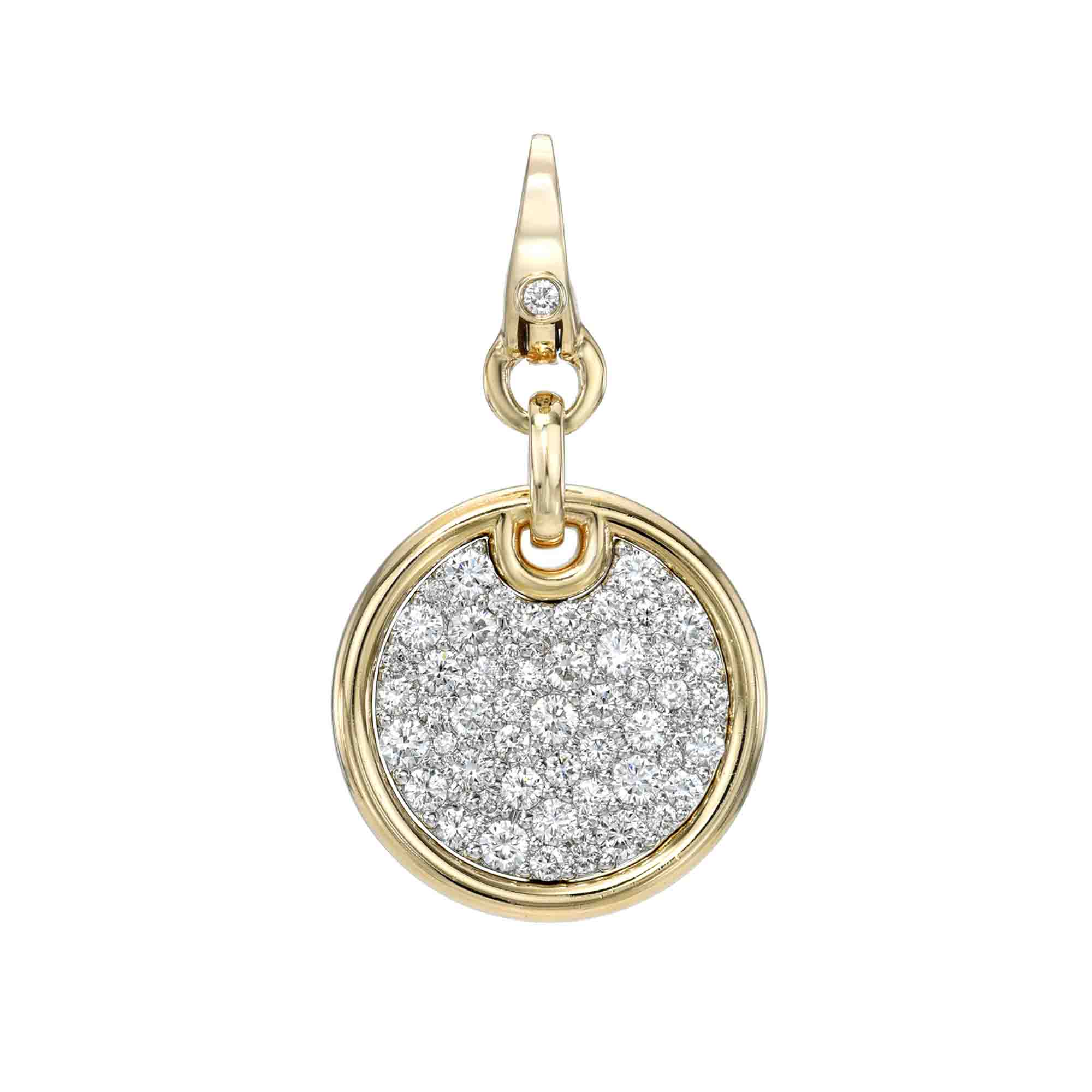 The Medium Round Diamond Charm from Janet Heller Fine Jewelry is crafted in 14KT gold. The circular pendant is adorned with small white diamonds. The diamond clasp clips easily onto various Janet Heller Fine Jewelry chains and necklaces.
