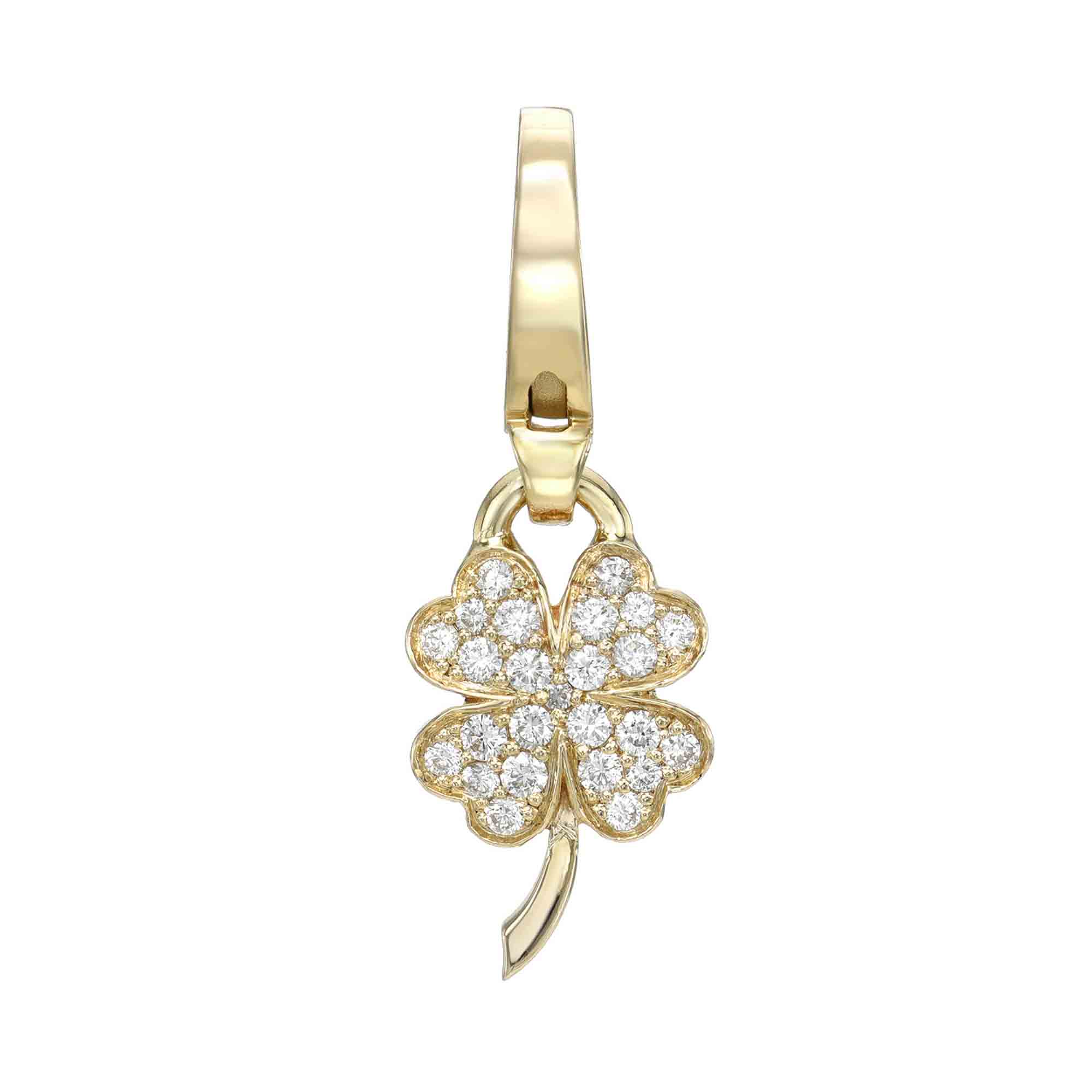 The Mini Diamond Clover Charm by Janet Heller Fine Jewelry is a gold clover-shaped pendant adorned with small diamonds, exuding delicate elegance. Its four-leaf design hangs gracefully from a loop, offering a refined and captivating shine.