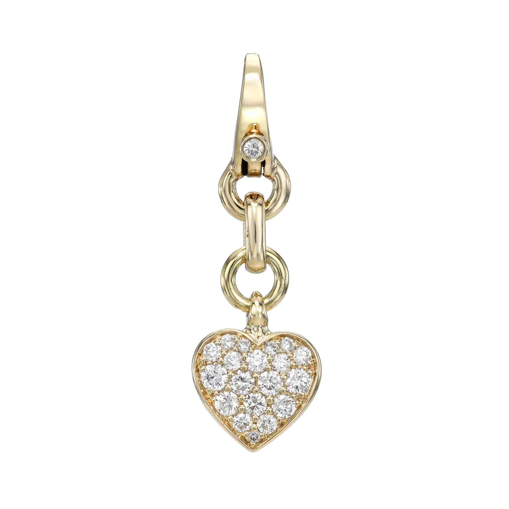 The Mini Puffy Diamond Heart Charm from Janet Heller Fine Jewelry is a stunning gold heart-shaped piece encrusted with diamonds, hanging gracefully from a delicate loop adorned with a sparkling diamond on the clasp.