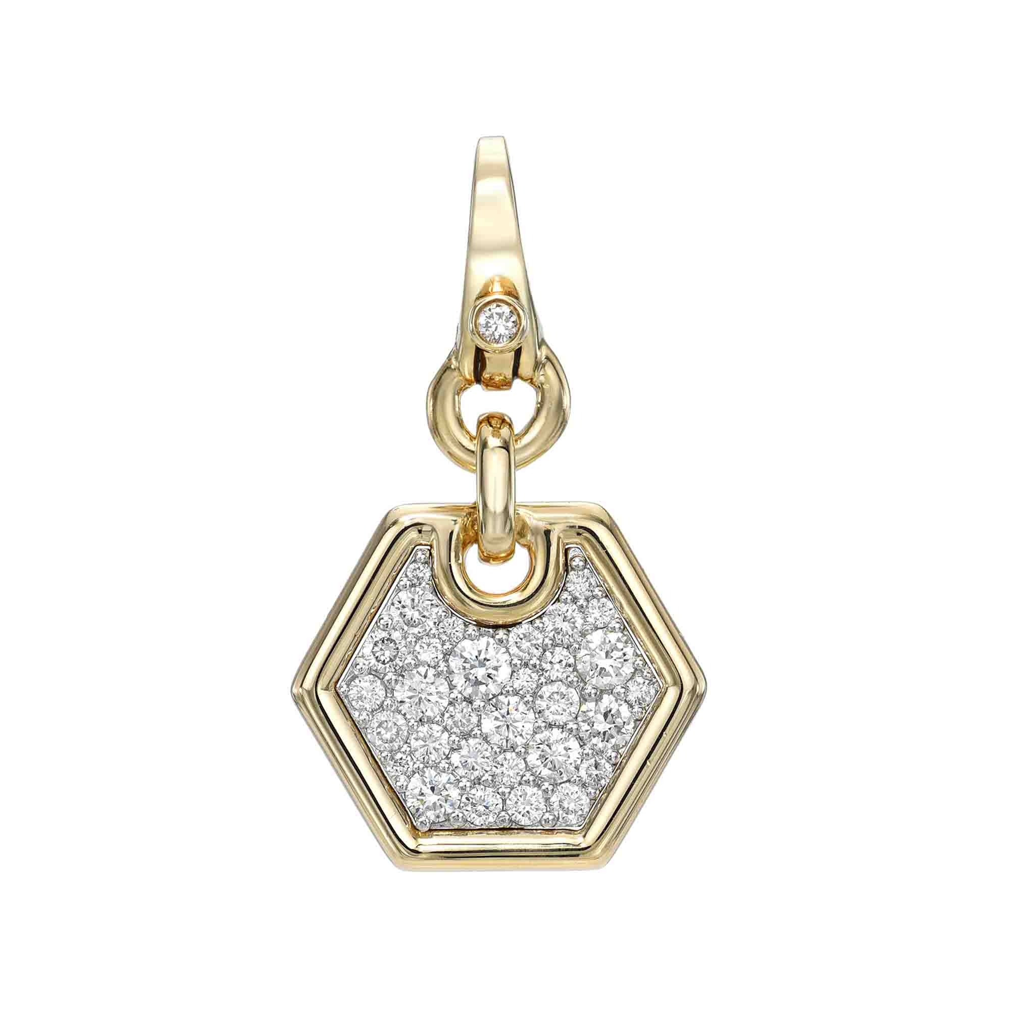 The Mini Diamond Honeycomb Charm from Janet Heller Fine Jewelry is crafted in 14KT gold. The hexagonal pendant is adorned with small white diamonds. The diamond clasp clips easily onto various Janet Heller Fine Jewelry chains and necklaces.
