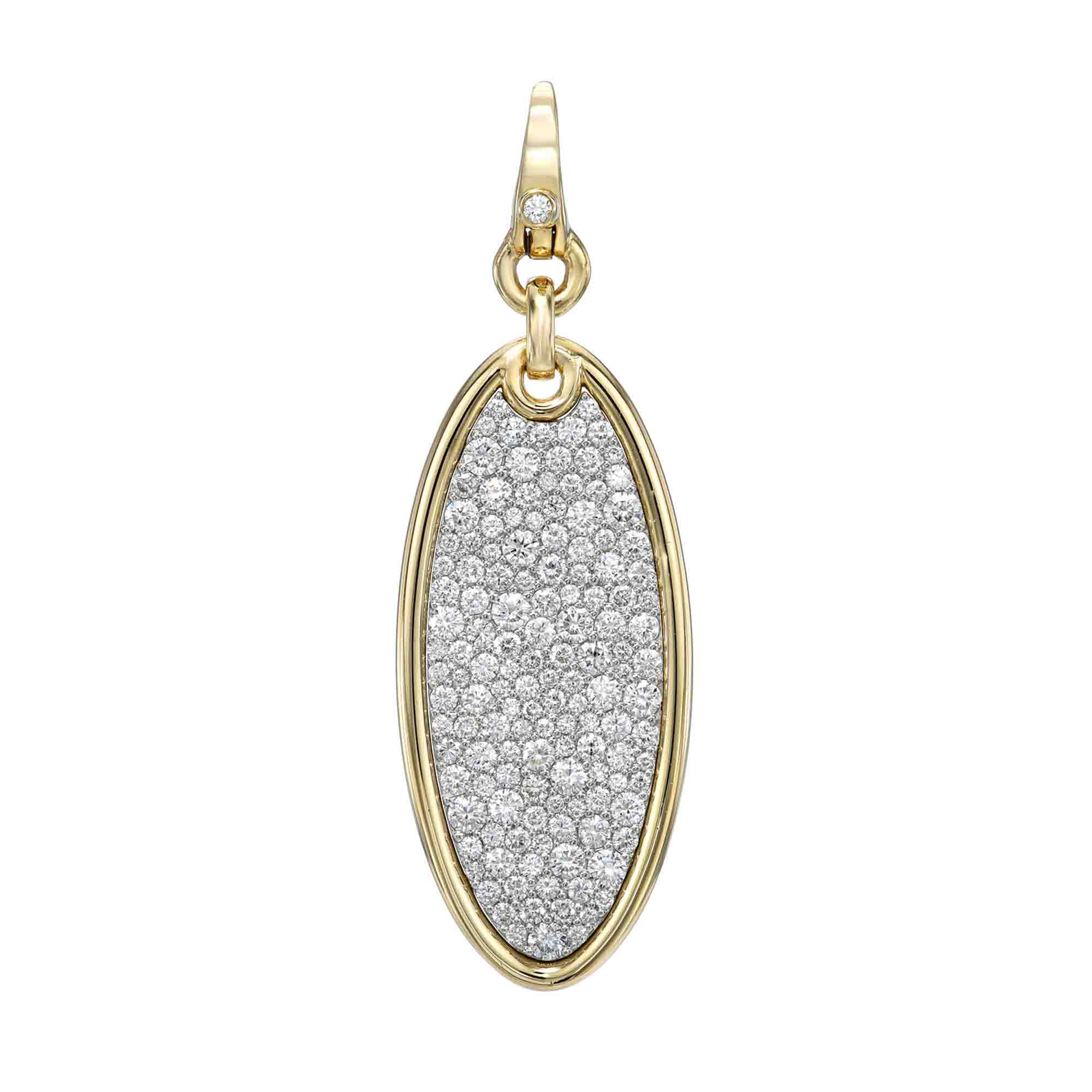 Explore the elegance of the Oval Diamond Charm from Janet Heller Fine Jewelry. This gold oval pendant is embellished with numerous small diamonds for a textured surface and features a gold loop with a diamond accent, adding exquisite charm to any outfit.