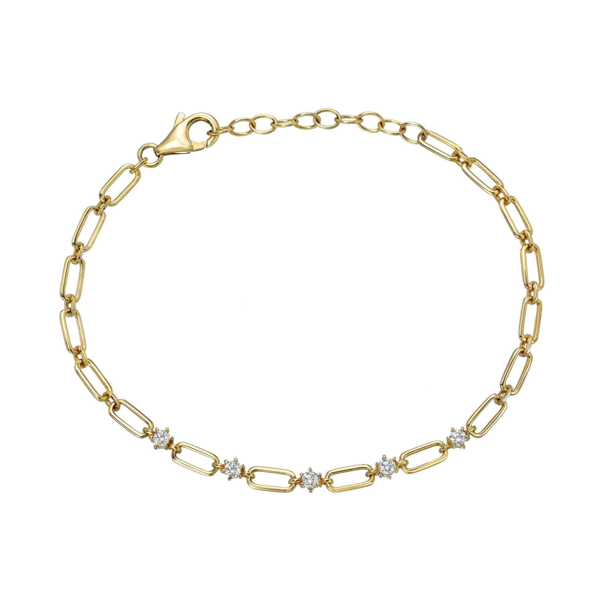 The Oval Link Round Diamond Bracelet from Janet Heller Fine Jewelry features elongated links, a lobster clasp, and a row of sparkling gemstones. For product inquiries or customizations, please contact our team.