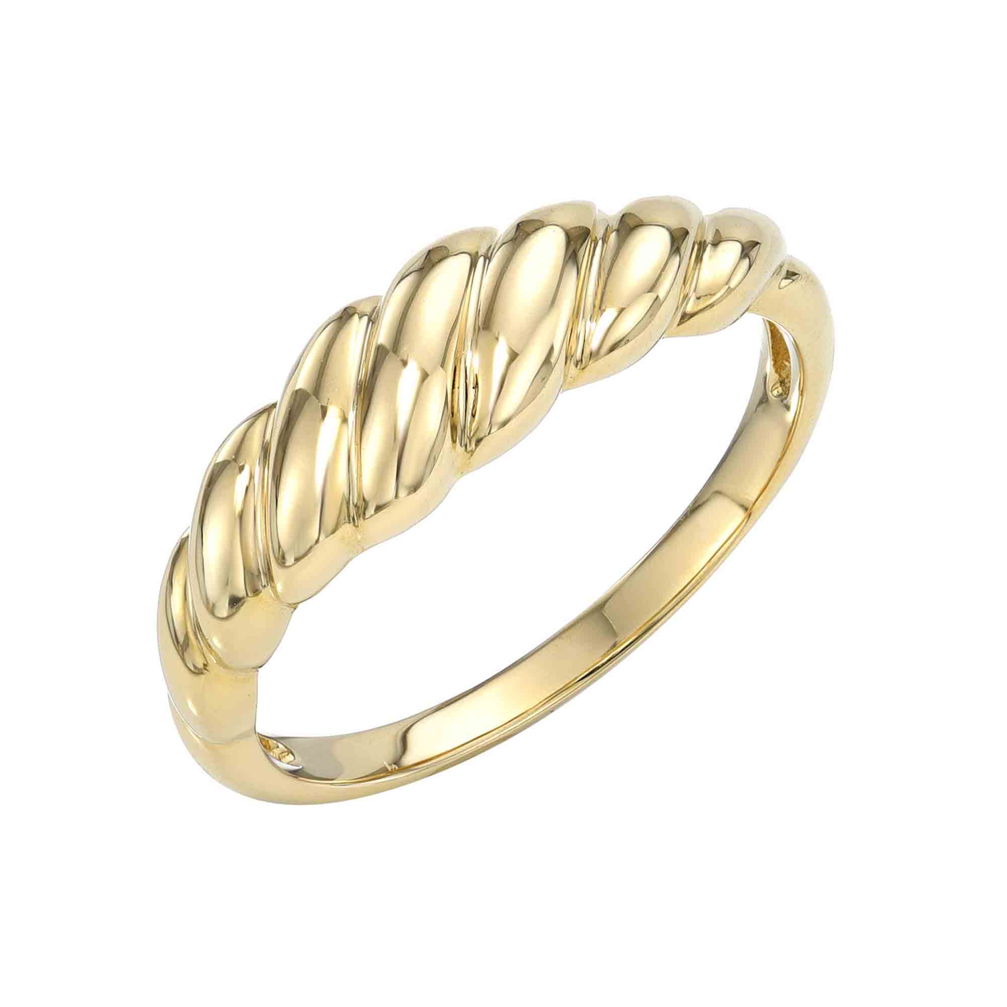The Plain Gold Croissant Ring from Janet Heller Fine Jewelry is crafted in 14KT gold. The ring features a twisted design and can be worn alone or stacked with other bands.