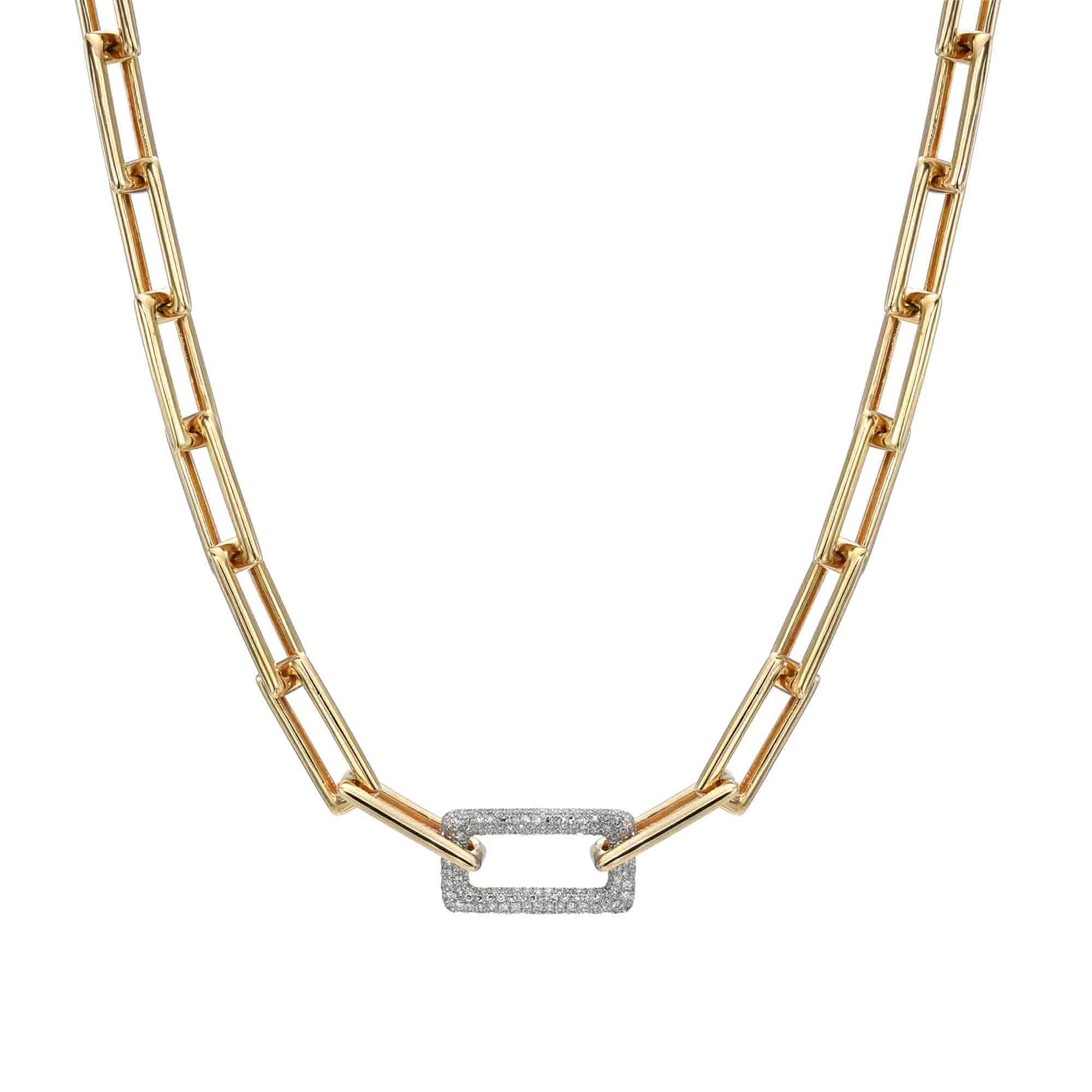 The Rectangular Diamond Link Necklace features a gold chain with elongated links and a rectangular pendant encrusted with small diamonds in the center, embodying the elegance of Janet Heller Fine Jewelry.