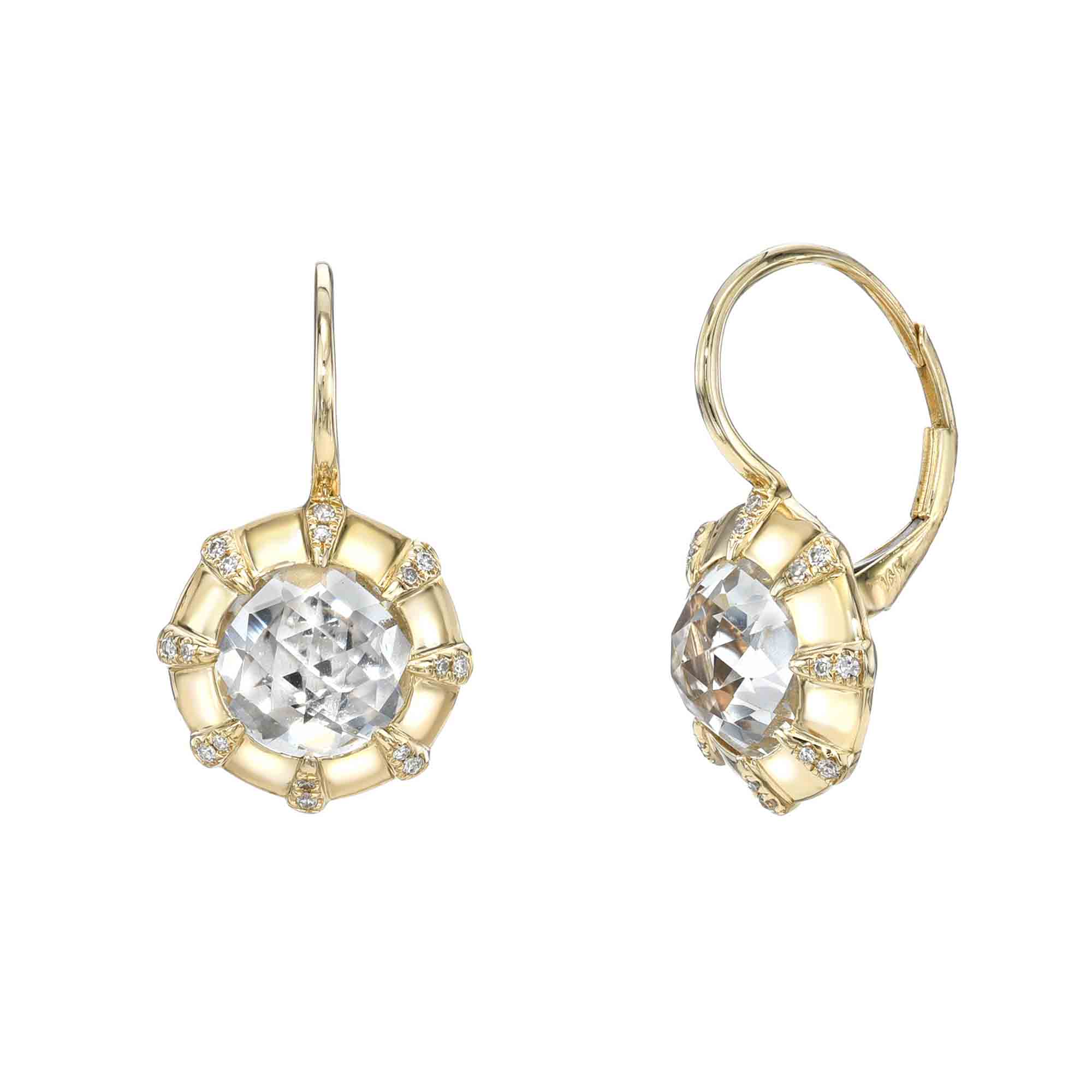 Explore the elegance of Janet Heller Fine Jewelry with these White Topaz Diamond Leverback Earrings, featuring round clear gemstones and diamond accents. Customize this symmetrical design to your taste and contact us for a personalized touch.