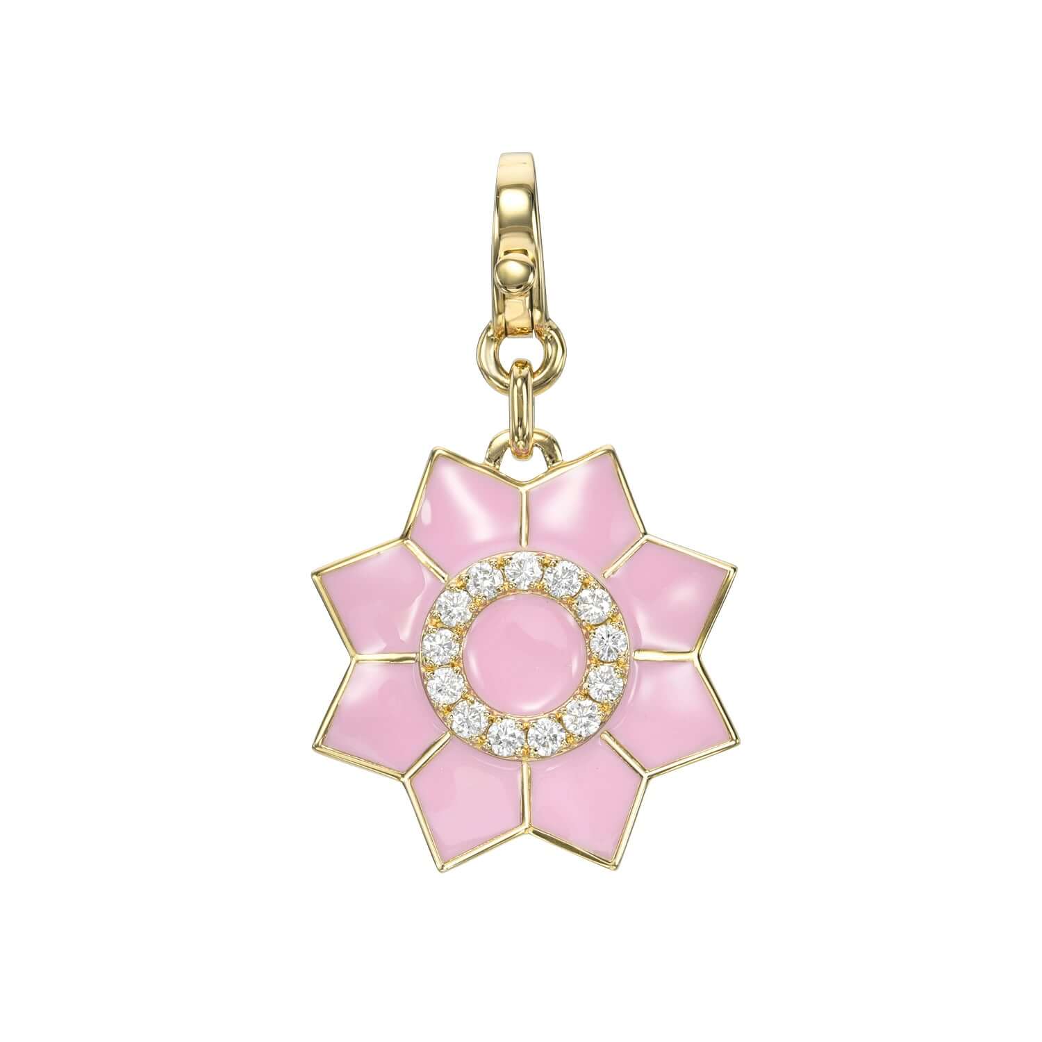 The Enamel & Diamond Flower Charm necklace by Janet Heller Fine Jewelry, features a pink flower pendant with a circular center surrounded by diamonds. The clasp which adorns a single diamond clips easily onto various Janet Heller Fine Jewelry necklaces and chains.
