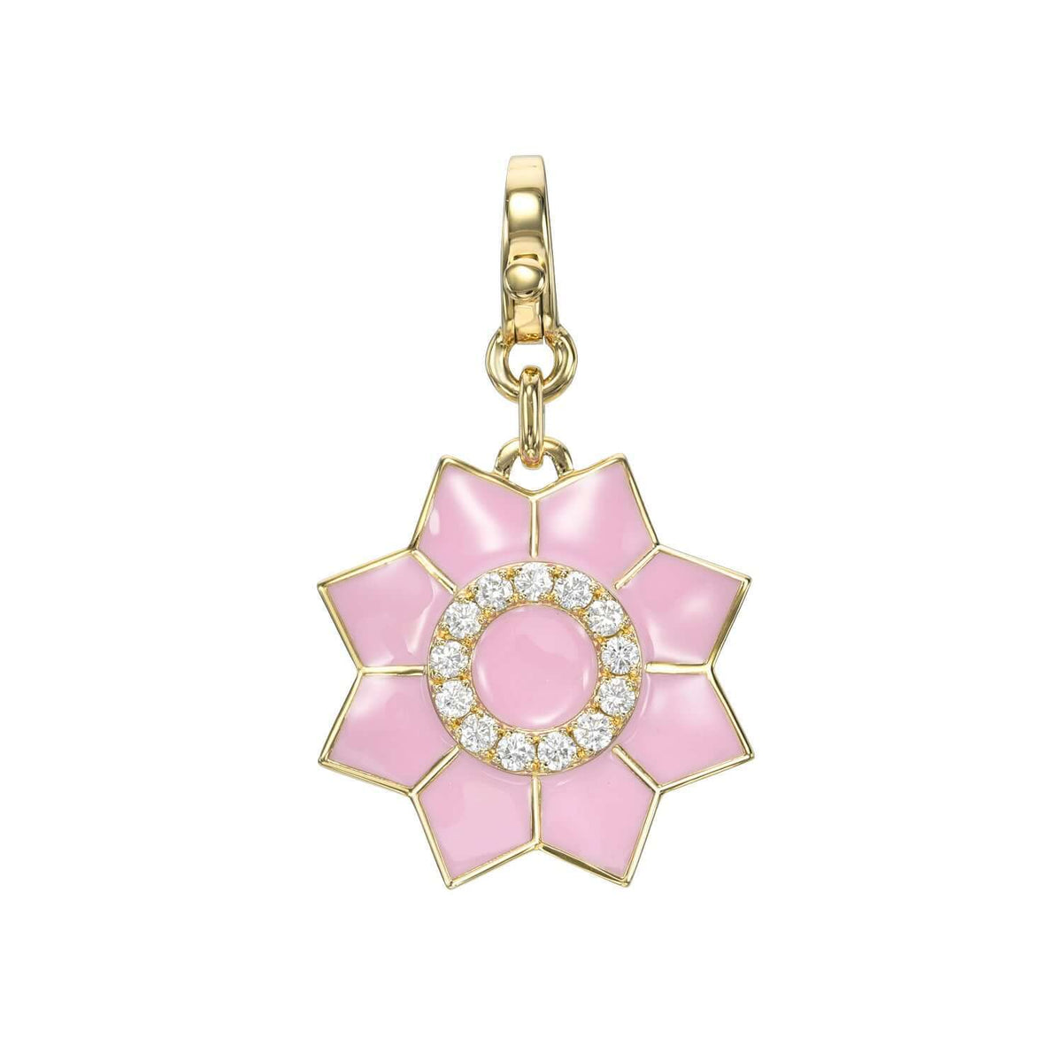 Add elegance to your charms collection with Janet Heller Fine Jewelry's Pink Enamel & Diamond Flower Charm—featuring a gold flower design, pink enamel petals, sparkling diamonds, and a secure gold clasp.