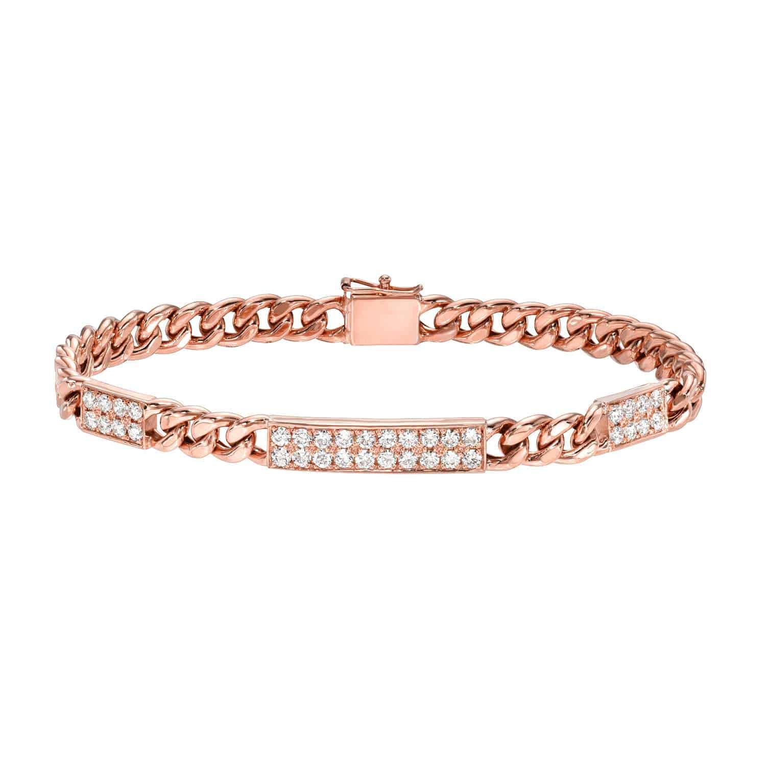 The Cuban Link Diamond Bars Bracelet from Janet Heller Fine Jewelry features a rose gold chain with rectangular sections encrusted with small, sparkling white stones and is secured with a box clasp.