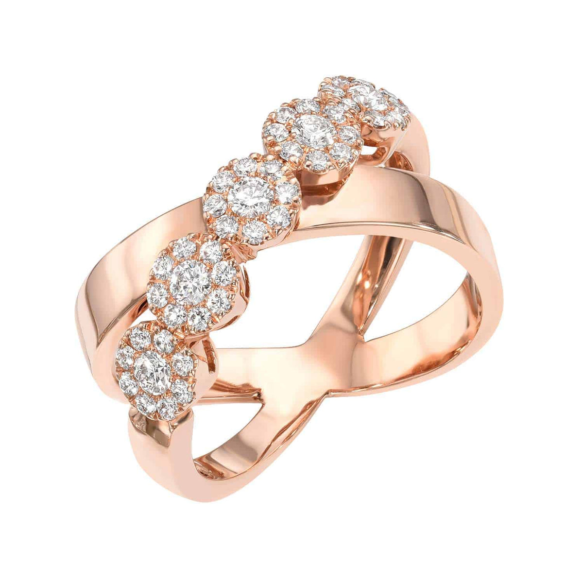 Introducing the Diamond Criss Cross Ring, a stunning rose gold piece with a unique crisscross band design, highlighted by five round diamond clusters arranged in a row on one side.