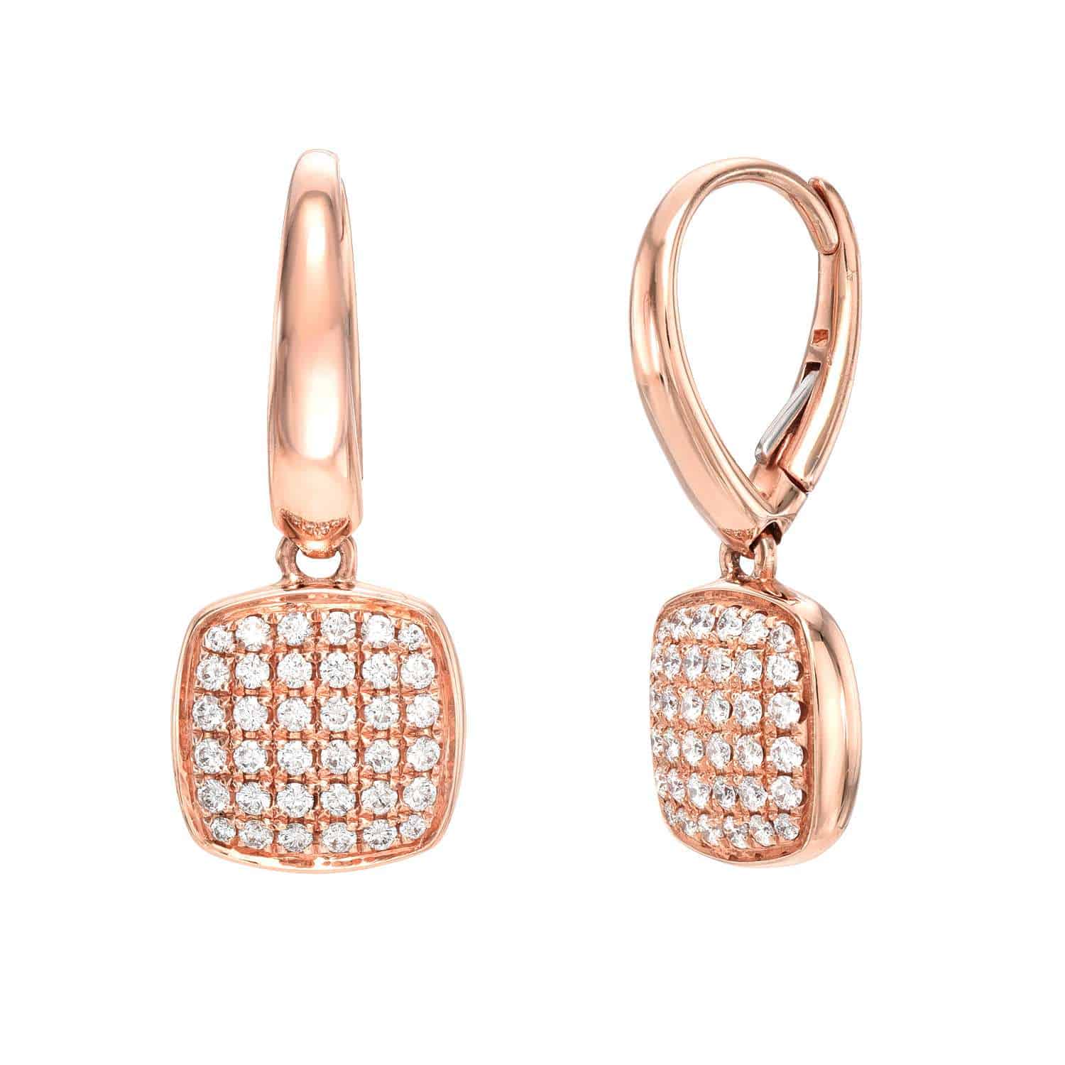 Diamond Square Earrings in rose gold with lever-back clasps, each showcasing a square dangle encrusted with small white gemstones arranged in a grid—an elegant custom creation from Janet Heller Fine Jewelry. For special requests or jewelry inquiries, please contact us for more information.
