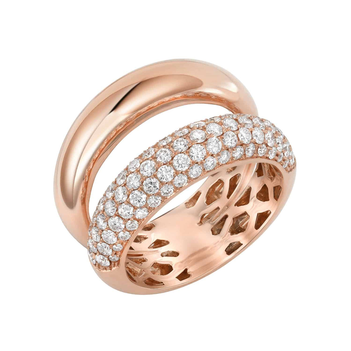 Presenting the Double Band Diamond Gypsy Ring: a rose gold statement featuring two parallel bands—one with a polished, minimalist finish, the other adorned with an array of brilliant small diamonds. Inside, an intricate cutout design showcases Janet Heller’s signature artistry. Now available for exclusive preorder ring reservations.