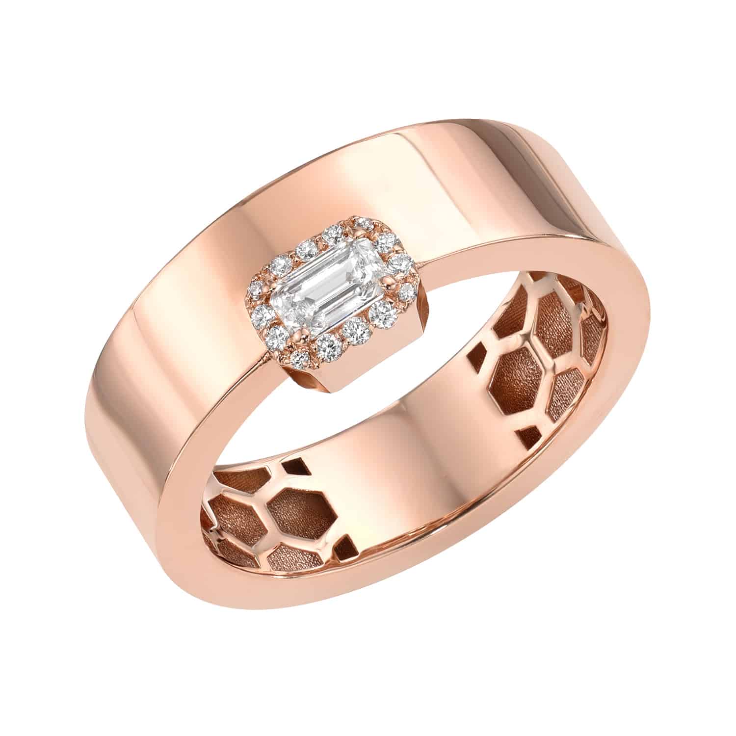 Preorder the Emerald Cut Diamond Cora Ring, a fine jewelry piece in rose gold with a wide band featuring a hexagonal cutout. Its top is adorned with an emerald-cut clear gemstone encircled by small round diamonds, perfect for your collection.