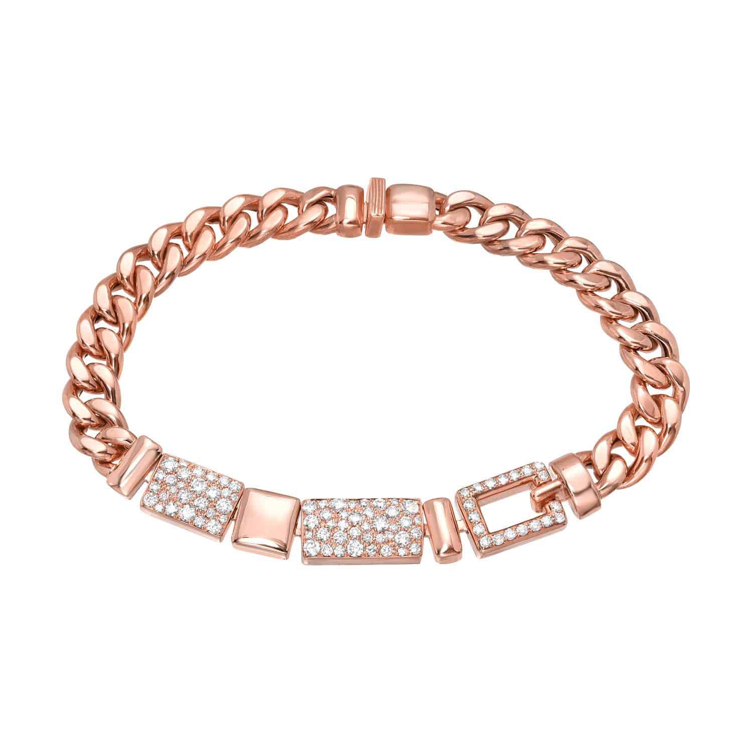 Introducing the Geometric Cuban Link Bracelet—a rose gold chain bracelet featuring rectangular links adorned with sparkling clear stones and a sleek clasp, displayed on a white background. This stunning piece by Janet Heller Fine Jewelry is perfect for those seeking custom jewelry or with jewelry inquiries.