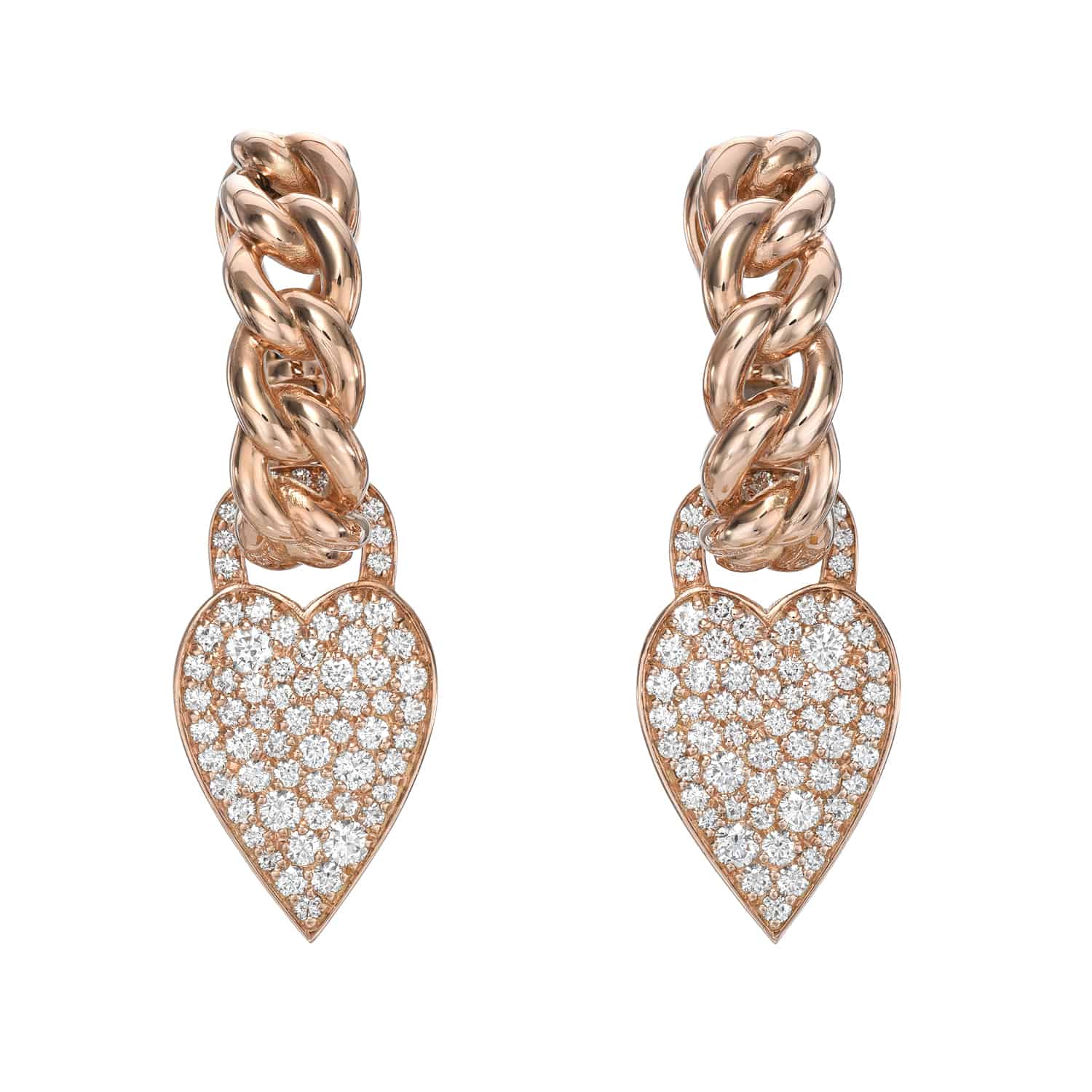 Heart Chain Earrings in rose gold featuring chunky twisted hoops and heart-shaped pendants adorned with small, sparkling white stones that resemble diamonds, displayed against a white background—a stunning piece of fine jewelry by Janet Heller.