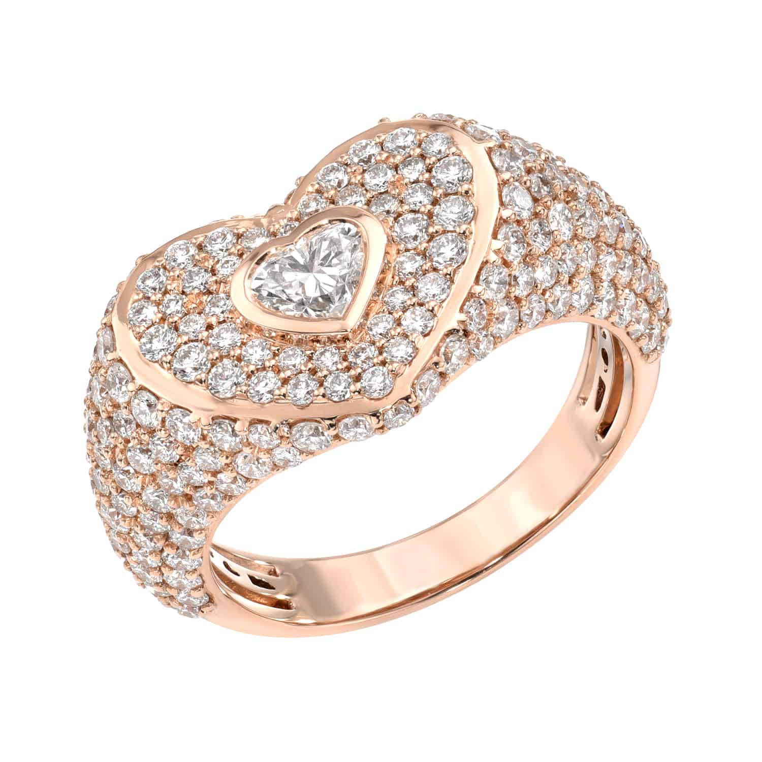The Heart Shaped Diamond Pinkie Ring by Janet Heller is a stunning rose gold preorder piece, adorned with small round diamonds and showcasing a heart-shaped cluster at its center, with a heart-shaped diamond as the focal point—an exquisite example of fine jewelry.