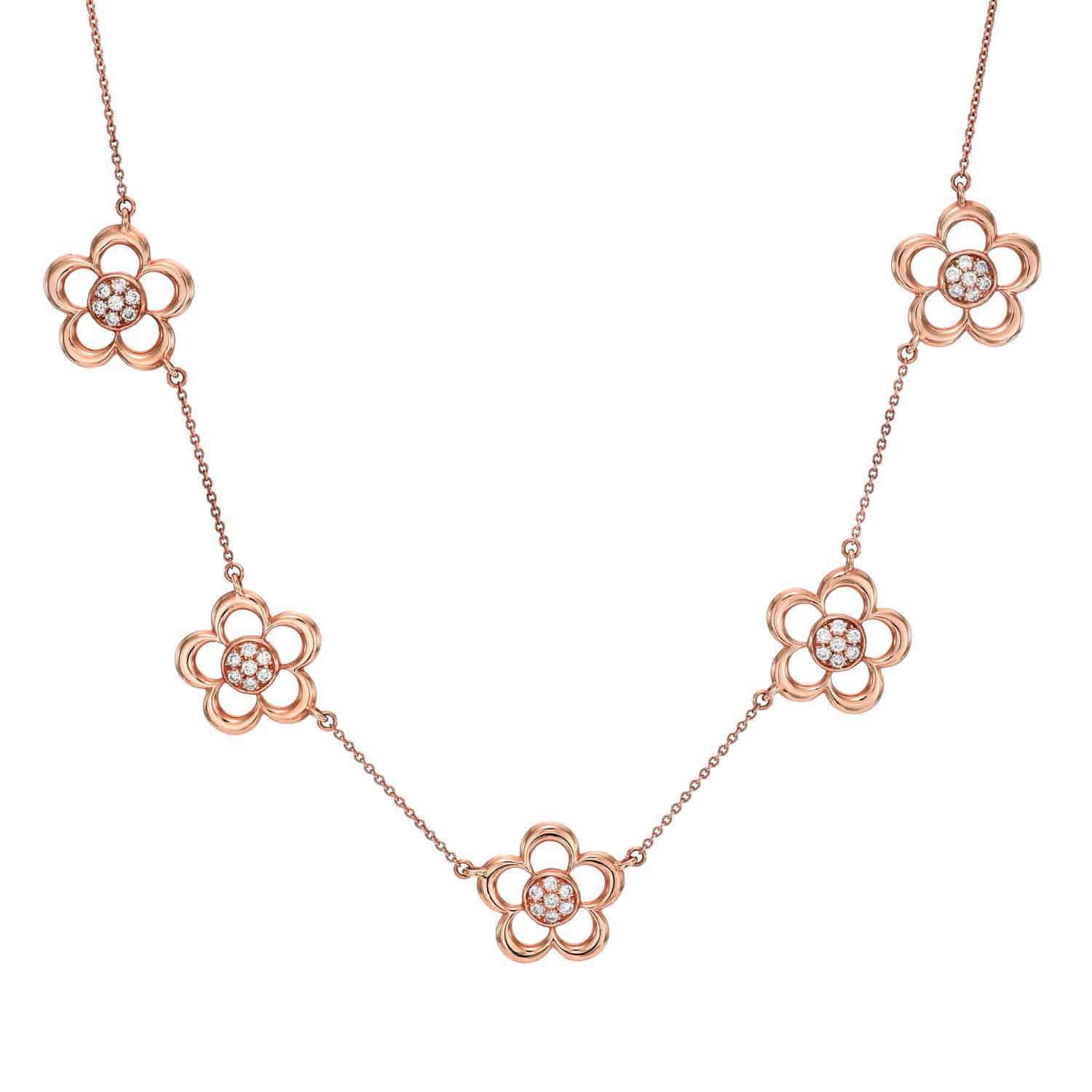 Jumbo Diamond Flower Necklace featuring five flower-shaped pendants accented with clusters of small round white gemstones at the center, all elegantly connected by a delicate rose gold chain.