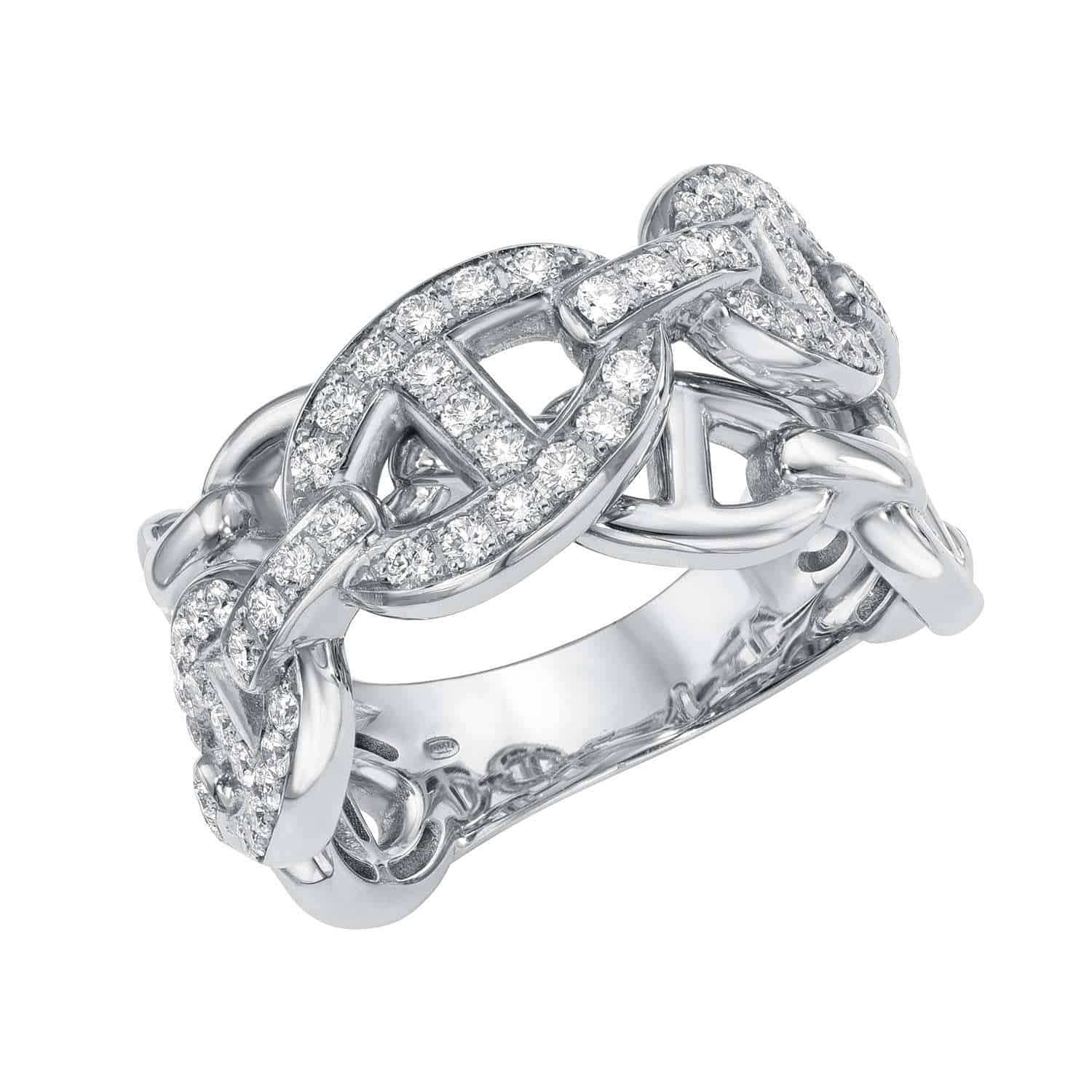Introducing the Criss Cross Diamond Mariner Link Ring: a silver preorder ring featuring interlocking mariner links, some adorned with small sparkling diamonds for a bold and intricate design. For custom ring sizes, please contact us.