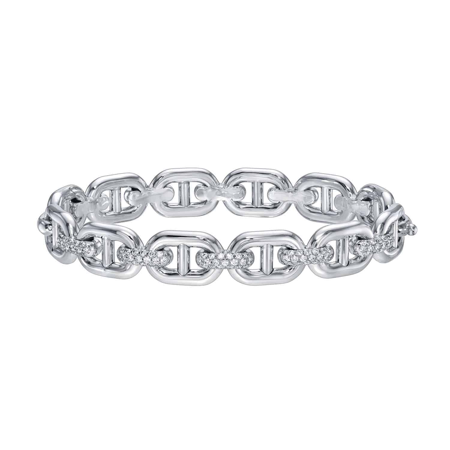 A Diamond Mariner Link Bangle featuring alternating polished and diamond-studded oval links is displayed on a plain white background, exemplifying the timeless craftsmanship of Janet Heller Fine Jewelry. For custom jewelry or product inquiries about the Diamond Mariner Link Bangle ($9,500.00), please contact us for more details.