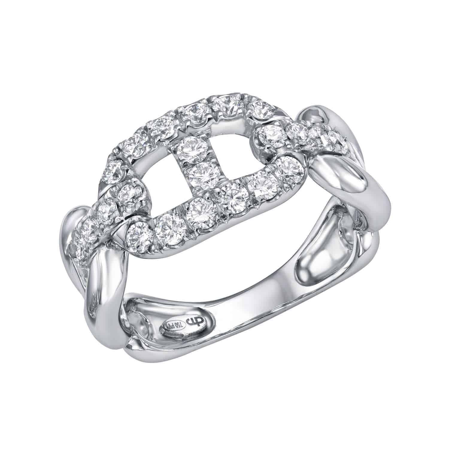 Introducing the Diamond Mariner Link Ring—a silver ring with a distinctive chain-link design, highlighted by an oval center adorned with small, sparkling diamonds. For custom sizing or to preorder the Diamond Mariner Link Ring, please contact us for more details.