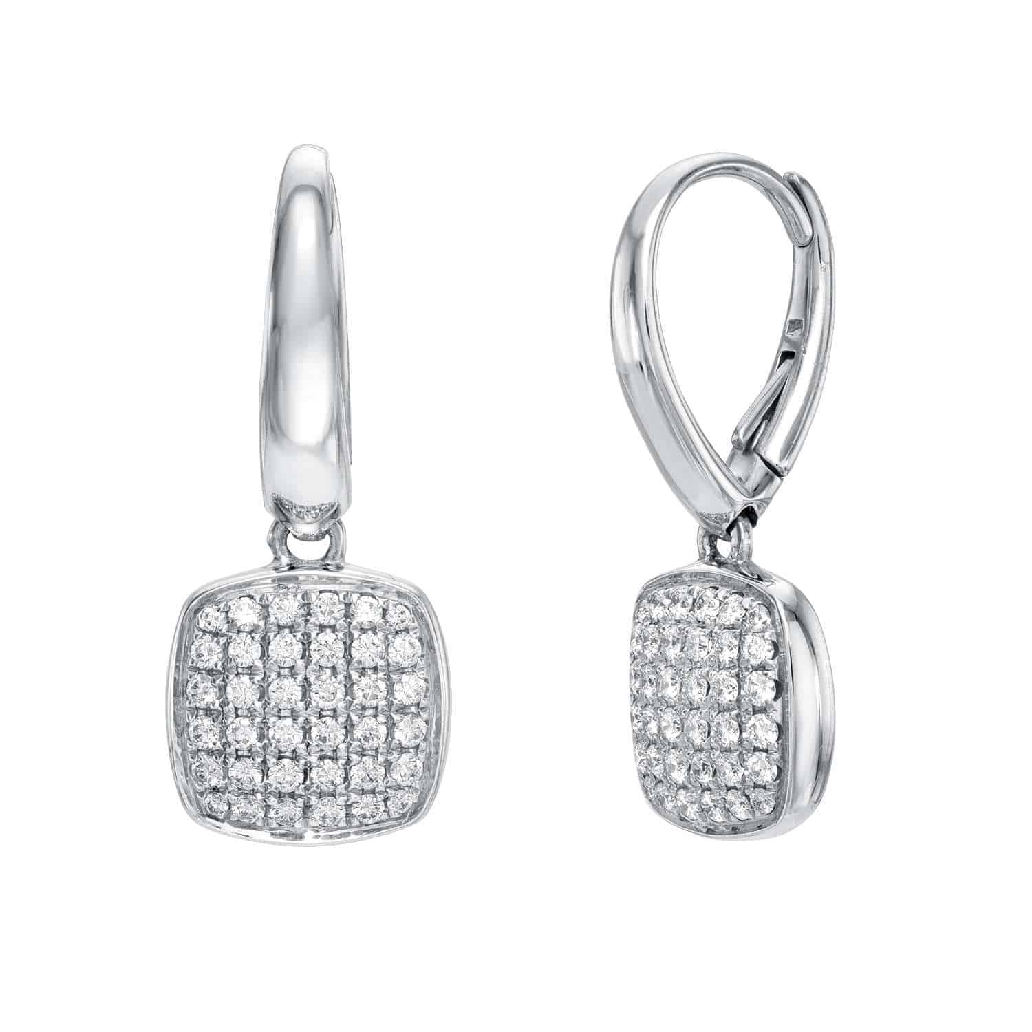 A pair of Janet Heller Fine Jewelry's Diamond Square Earrings, featuring cushion-shaped dangles encrusted with rows of sparkling white stones and elegant silver leverback closures, shown from front and side views against a white backdrop—a timeless $3,250 design.
