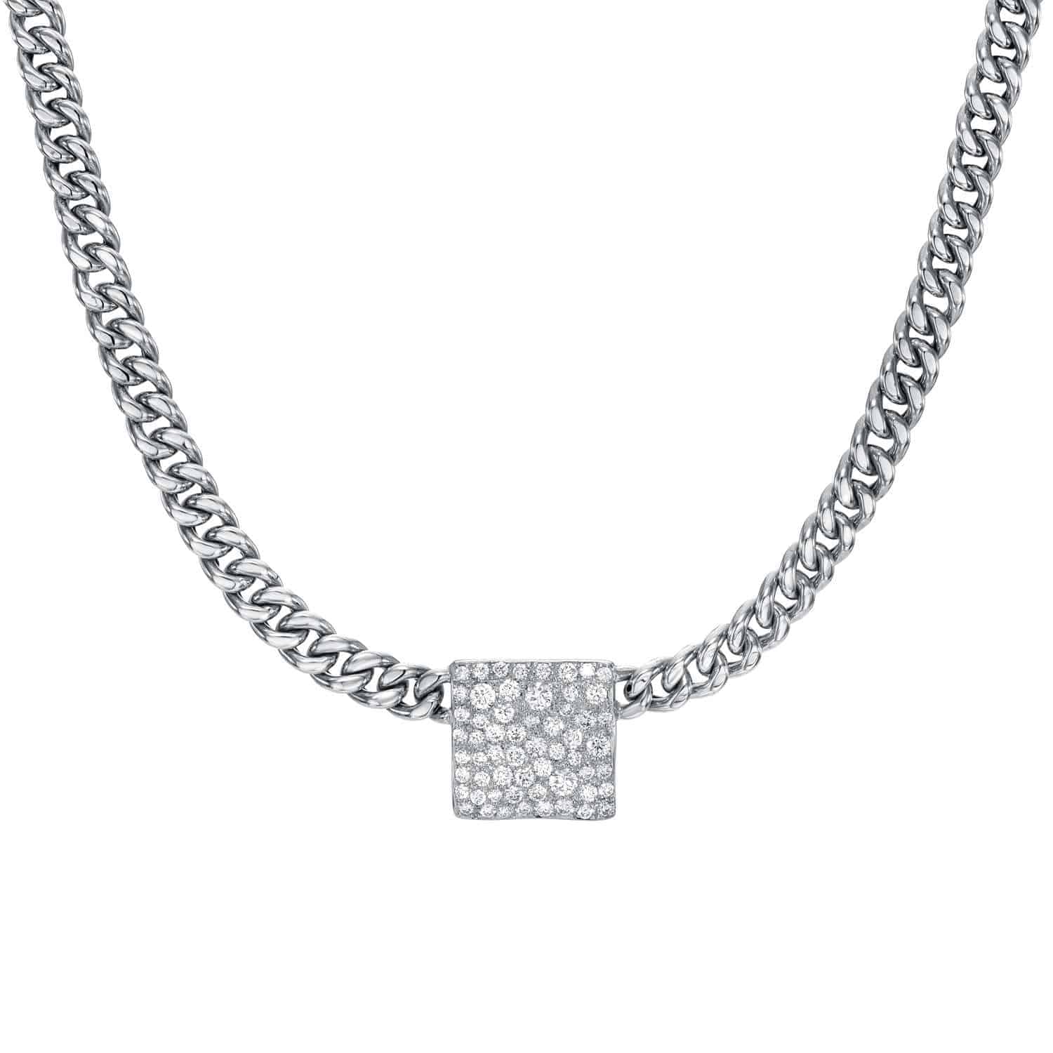 Introducing the Diamond Square Pendant Necklace—a silver chain necklace featuring a square pendant encrusted with small, sparkling clear stones arranged in a sophisticated grid pattern. This exquisite piece beautifully captures the elegance of Janet Heller Fine Jewelry. For custom jewelry or inquiries about this necklace, please contact us for more details.