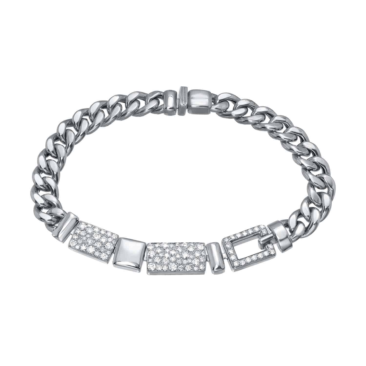 Introducing the Geometric Cuban Link Bracelet, a sophisticated silver chain bracelet featuring rectangular links—some embellished with sparkling crystals—and a decorative clasp. This elegant piece from Janet Heller Fine Jewelry is priced at $8,800. For jewelry inquiries or to discuss custom jewelry options, please contact us.