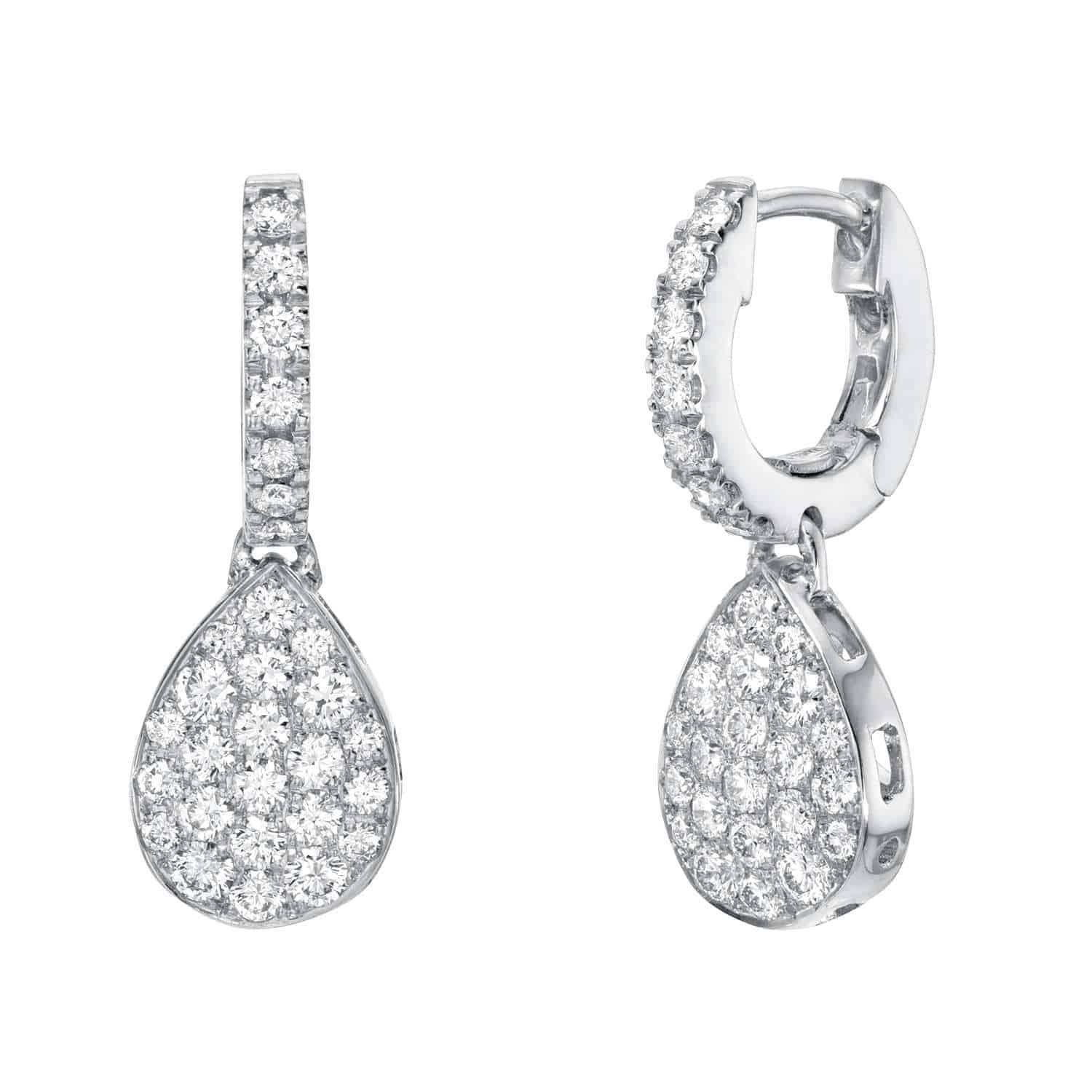 A pair of pear-shaped diamond earrings, shown from the front and side angles on a white background—an elegant example of fine jewelry that showcases timeless sophistication. Product Name: Pear Shaped Diamond Earrings, Price: $3308.00.