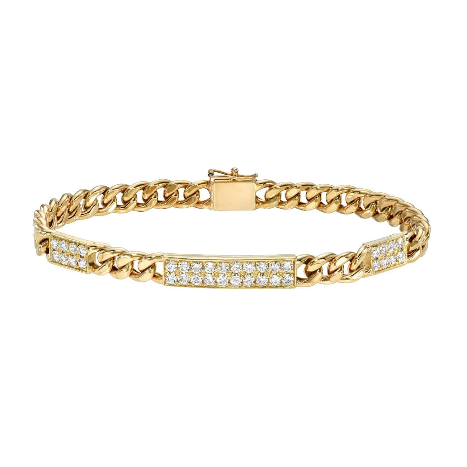 Explore the Cuban Link Diamond Bars Bracelet, a stunning gold piece with alternating rectangular links. Each section sparkles with diamonds, enhancing its elegant design and allowing for endless style customizations.